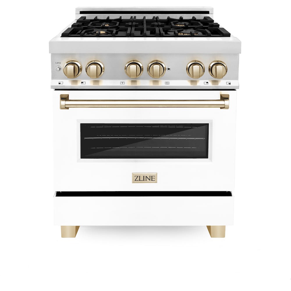 ZLINE Autograph Edition 30 in. 4.0 cu. ft. Dual Fuel Range with Gas Stove and Electric Oven in Stainless Steel with White Matte Door and Polished Gold Accents (RAZ-WM-30-G) front, oven closed.