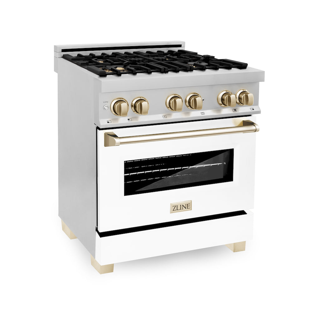 ZLINE Autograph Edition 30 in. 4.0 cu. ft. Dual Fuel Range with Gas Stove and Electric Oven in Stainless Steel with White Matte Door and Polished Gold Accents (RAZ-WM-30-G) 