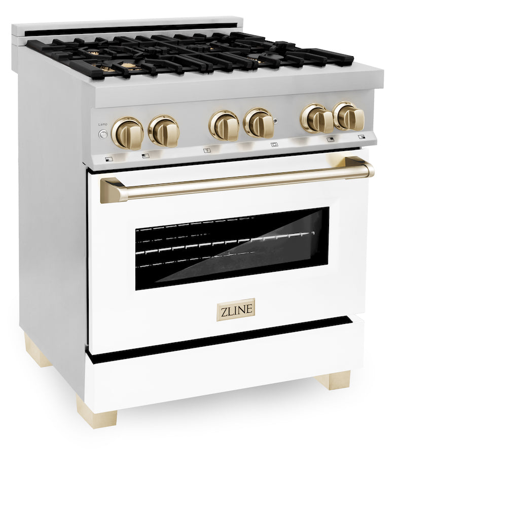 ZLINE Autograph Edition 30 in. 4.0 cu. ft. Dual Fuel Range with Gas Stove and Electric Oven in Stainless Steel with White Matte Door and Polished Gold Accents (RAZ-WM-30-G) side, oven closed.