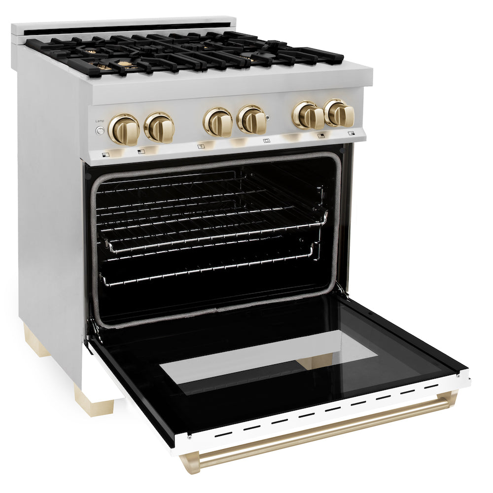 ZLINE Autograph Edition 30 in. 4.0 cu. ft. Dual Fuel Range with Gas Stove and Electric Oven in Stainless Steel with White Matte Door and Polished Gold Accents (RAZ-WM-30-G) side, oven open.