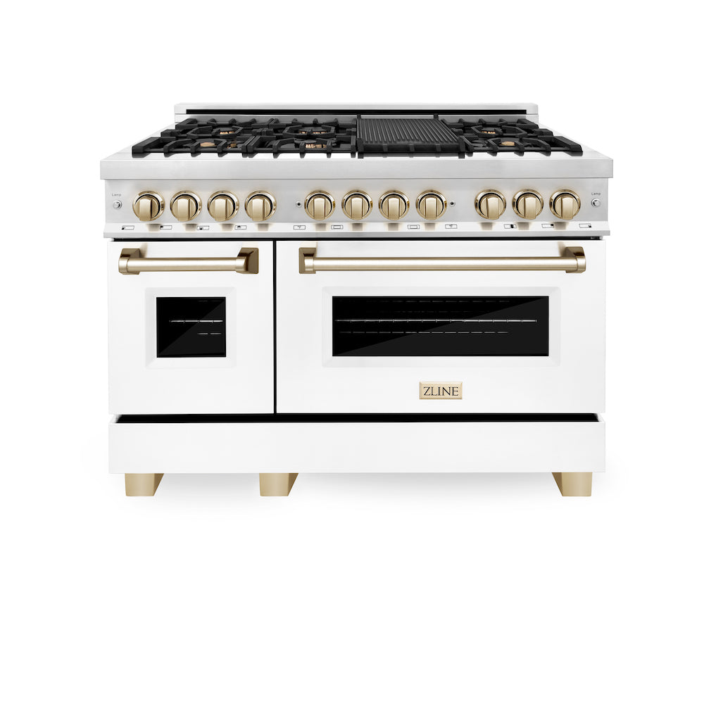 ZLINE Autograph Edition 48 in. 6.0 cu. ft. Dual Fuel Range with Gas Stove and Electric Oven in Stainless Steel with White Matte Doors and Polished Gold Accents (RAZ-WM-48-G) front, oven closed.