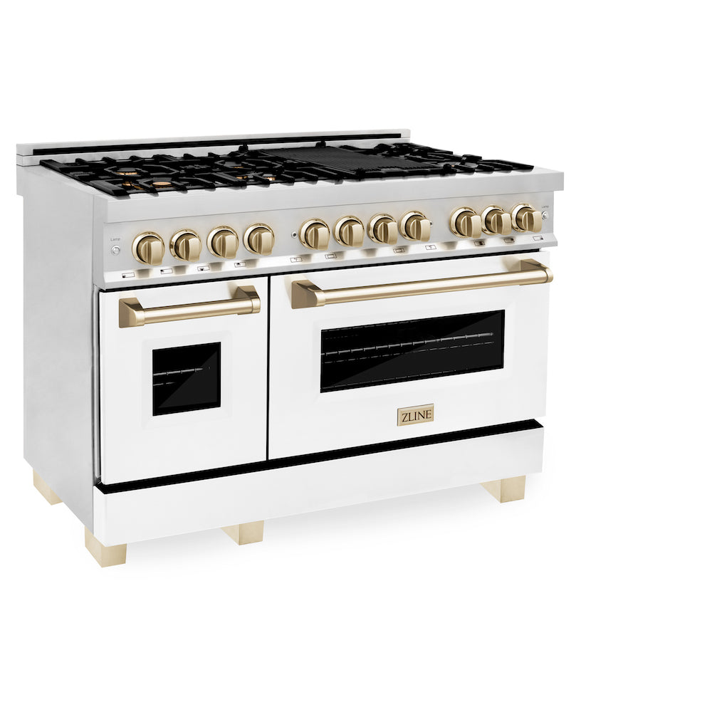 ZLINE Autograph Edition 48 in. 6.0 cu. ft. Dual Fuel Range with Gas Stove and Electric Oven in Stainless Steel with White Matte Doors and Polished Gold Accents (RAZ-WM-48-G) side, oven closed.