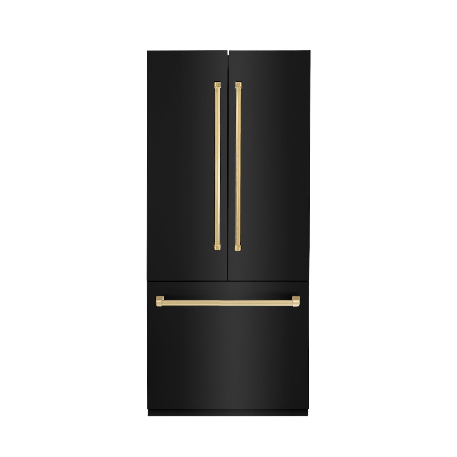 ZLINE Autograph Edition 36 in. 19.6 cu. ft. Built-in 2-Door Bottom Freezer Refrigerator with Internal Water and Ice Dispenser in Black Stainless Steel with Polished Gold Accents (RBIVZ-BS-36-G) front, closed.
