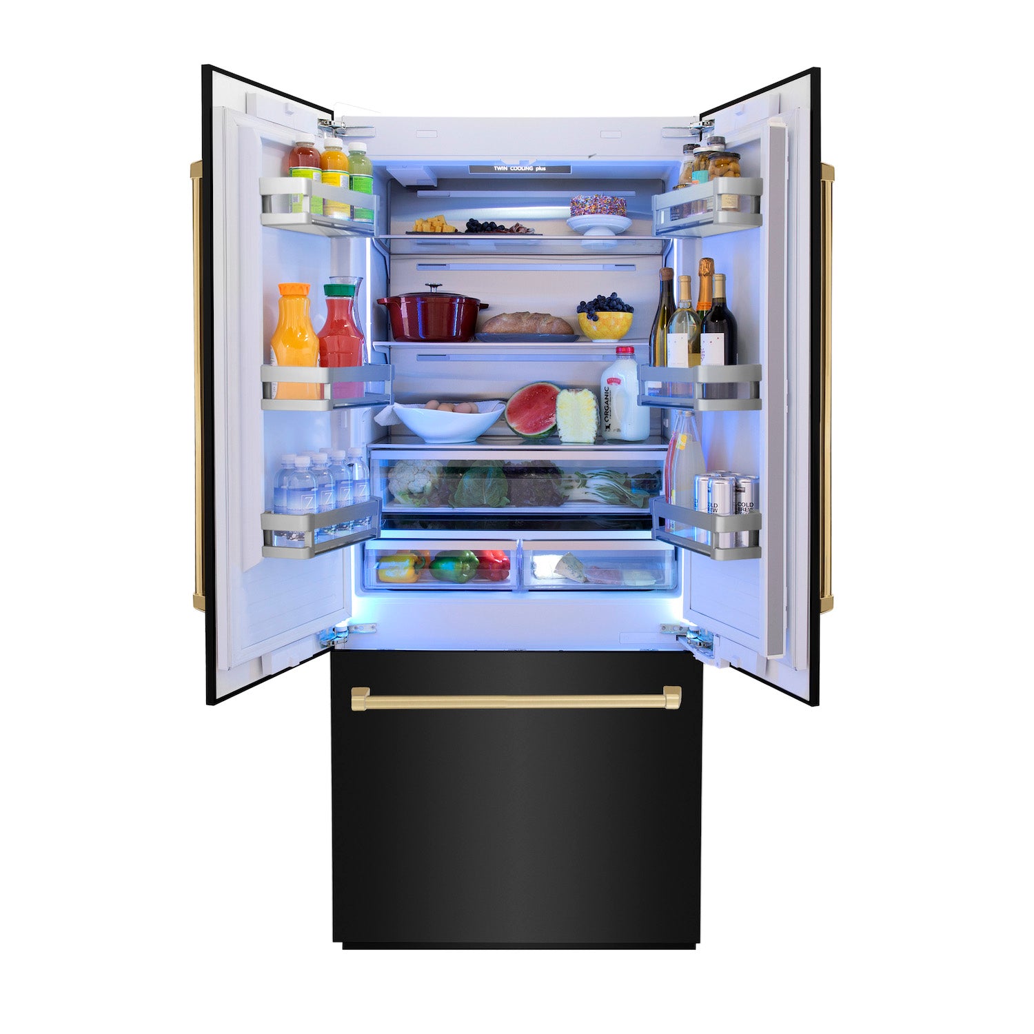 ZLINE Autograph Edition 36 in. 19.6 cu. ft. Built-in 2-Door Bottom Freezer Refrigerator with Internal Water and Ice Dispenser in Black Stainless Steel with Polished Gold Accents (RBIVZ-BS-36-G) front, open with food inside refrigeration compartment.