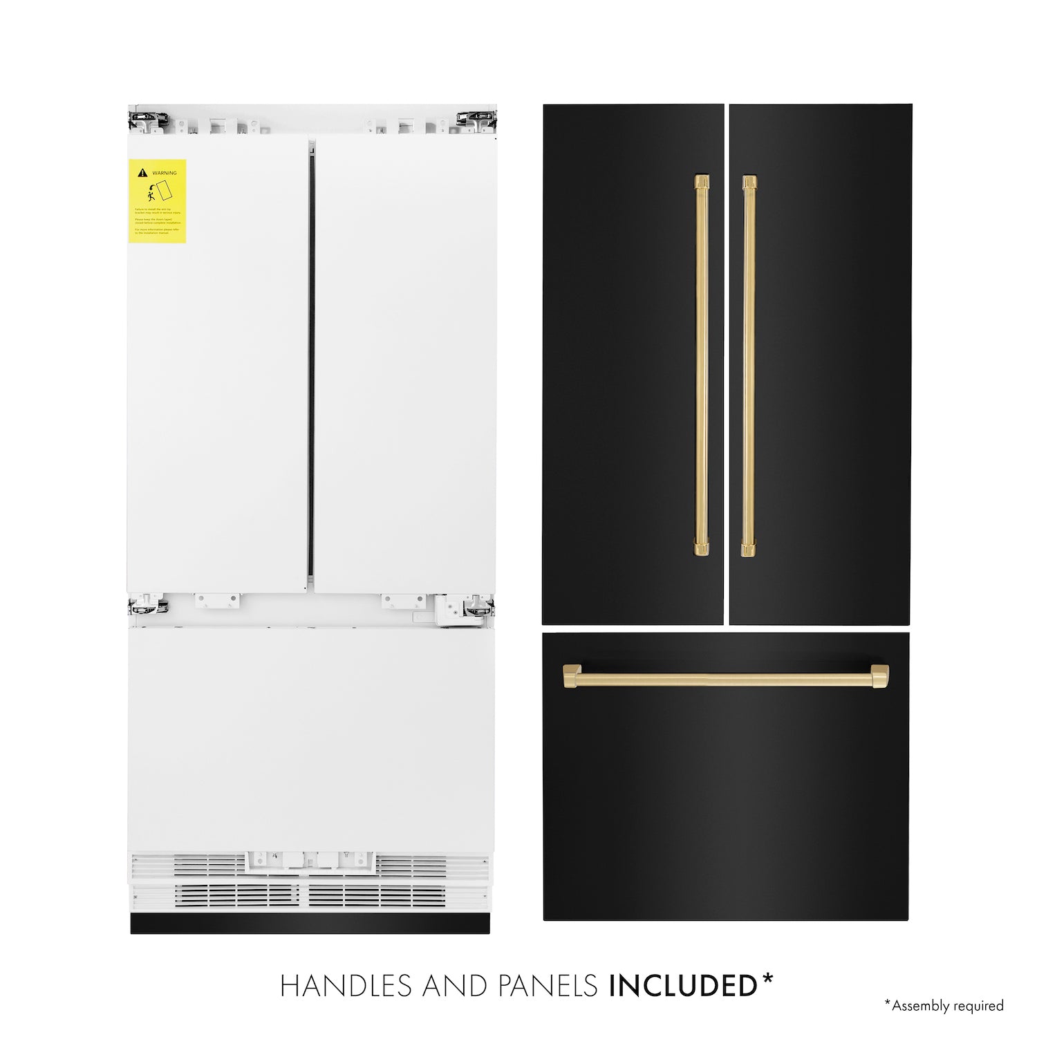 ZLINE Autograph Edition 36 in. 19.6 cu. ft. Built-in 2-Door Bottom Freezer Refrigerator with Internal Water and Ice Dispenser in Black Stainless Steel with Polished Gold Accents (RBIVZ-BS-36-G) front, refrigeration unit, panels, and handles separated .