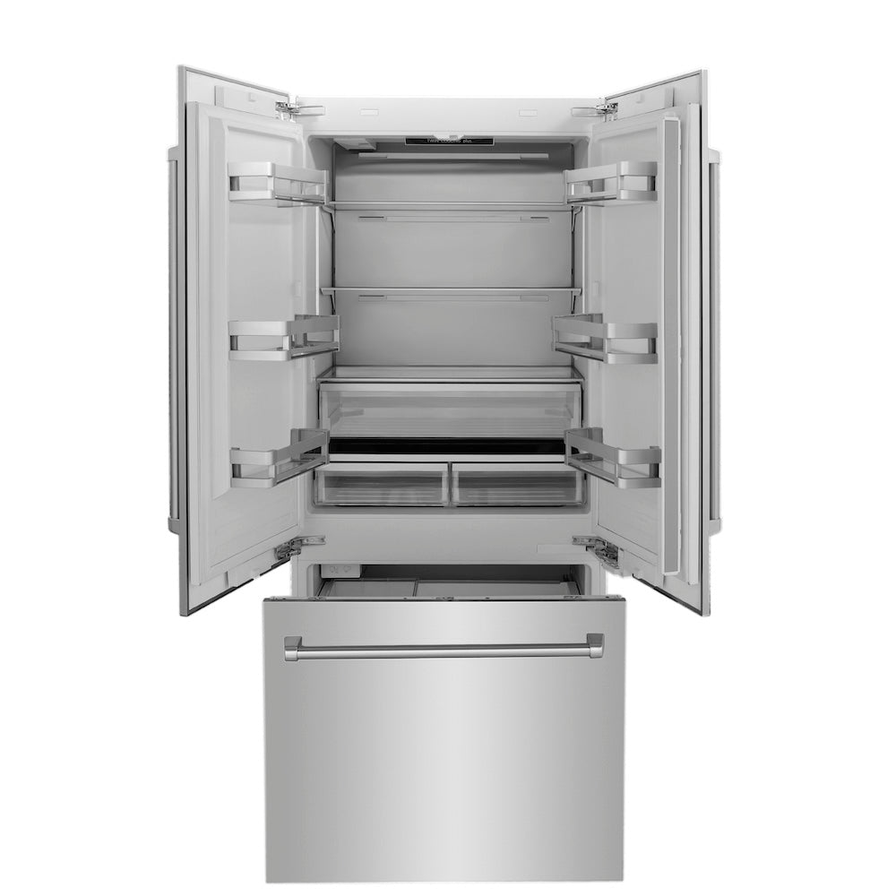 ZLINE 36 in. 19.6 cu. ft. Built-In 3-Door French Door Refrigerator with Internal Water and Ice Dispenser in Stainless Steel (RBIV-304-36) front, open.