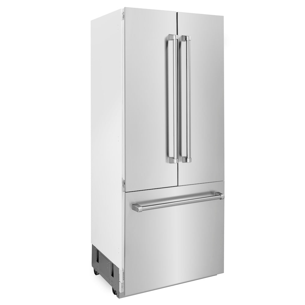 ZLINE 36 in. 19.6 cu. ft. Built-In 3-Door French Door Refrigerator with Internal Water and Ice Dispenser in Stainless Steel (RBIV-304-36) side, closed.