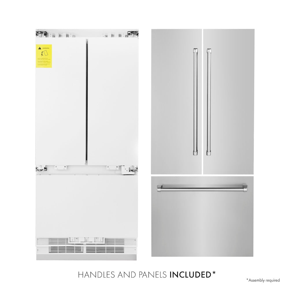 ZLINE 36 in. 19.6 cu. ft. Built-In 3-Door French Door Refrigerator with Internal Water and Ice Dispenser in Stainless Steel (RBIV-304-36) front, refrigeration unit, panels, and handles separated .