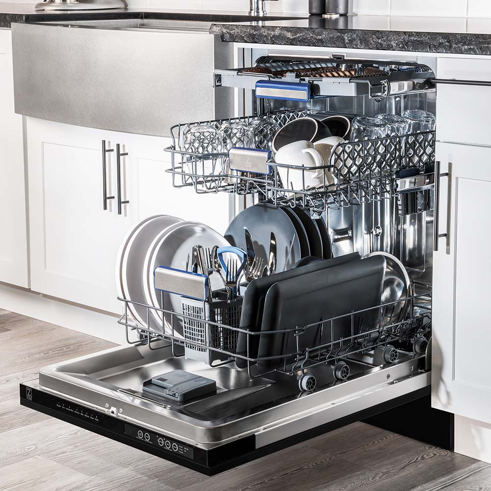 ZLINE Autograph Edition 18 in. Tallac Series 3rd Rack Top Control Built-In Dishwasher in Black Stainless Steel with Champagne Bronze Handle, 51dBa (DWVZ-BS-18-CB) open with dishes loaded inside in a luxury kitchen, side.