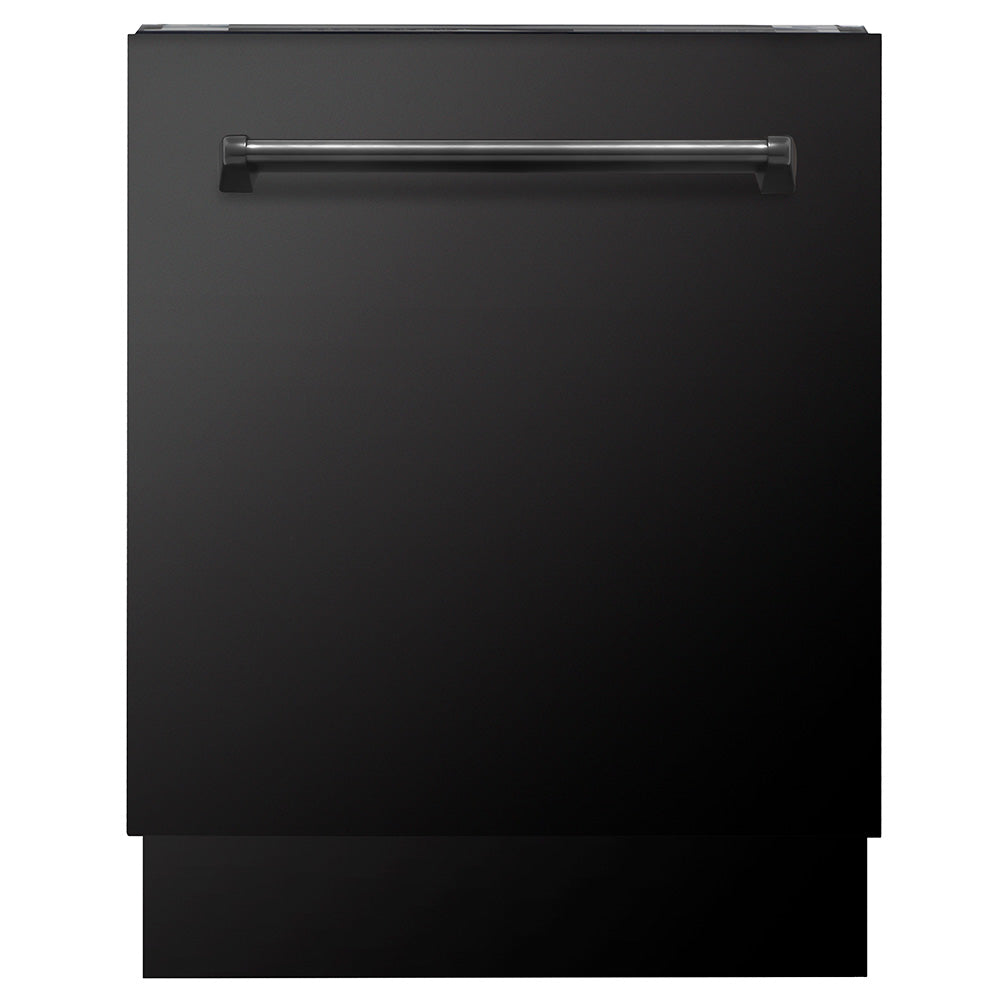 ZLINE Kitchen Package in Black Stainless Steel with 36 in. French Door Refrigerator, 48 in. Gas Rangetop, 48 in. Convertible Vent Range Hood, 30 in. Double Wall Oven, and 24 in. Tall Tub Dishwasher (5KPR-RTBRH48-AWDDWV) front.