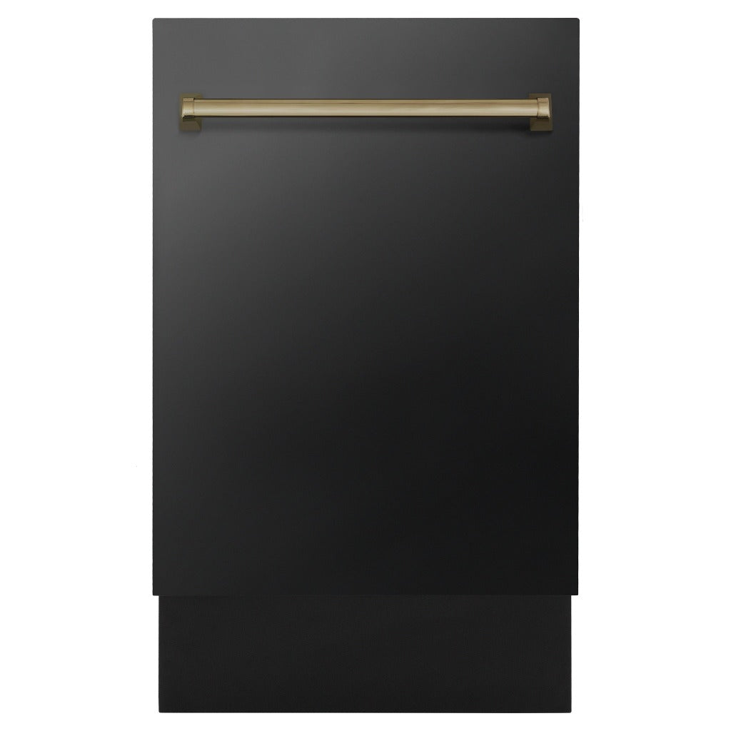 ZLINE Autograph Edition 18 in. Tallac Series 3rd Rack Top Control Built-In Dishwasher in Black Stainless Steel with Champagne Bronze Handle, 51dBa (DWVZ-BS-18-CB) front, closed.