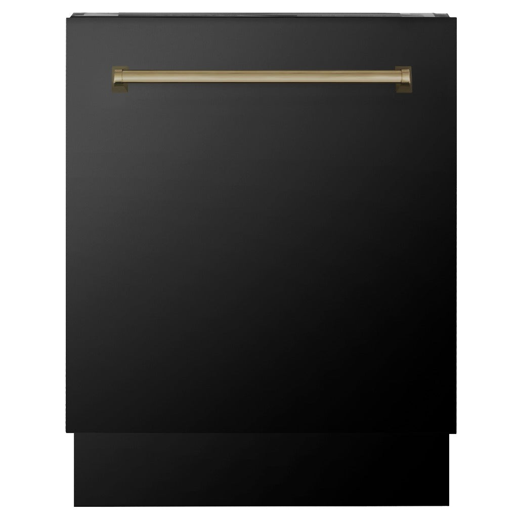 ZLINE Autograph Edition 24 in. Tallac Series 3rd Rack Top Control Built-In Tall Tub Dishwasher in Black Stainless Steel with Champagne Bronze Handle, 51dBa (DWVZ-BS-24-CB) front, closed.