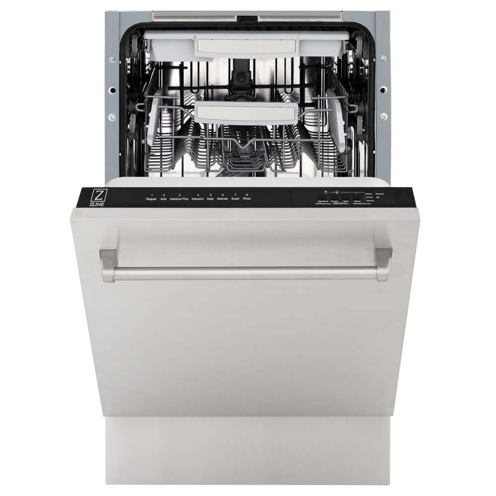 ZLINE 18 in. Tallac Series 3rd Rack Top Control Built-In Dishwasher in Stainless Steel and Traditional Handle, 51dBa (DWV-304-18) front, half open.