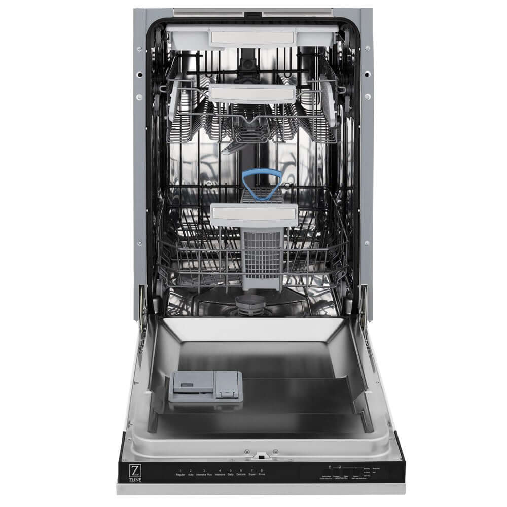 ZLINE 18 in. Tallac Series 3rd Rack Top Control Built-In Dishwasher in Stainless Steel and Traditional Handle, 51dBa (DWV-304-18) front, open.