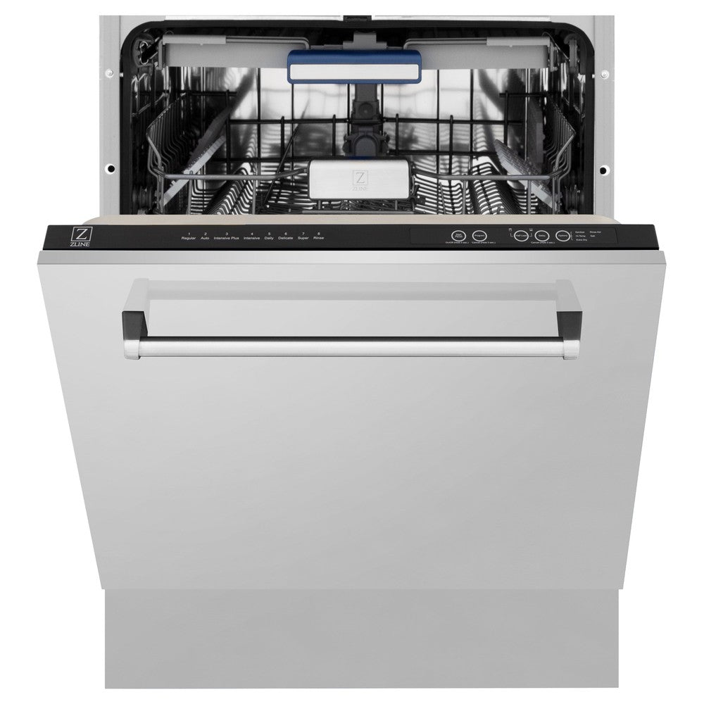 ZLINE 24 in. Tallac Series 3rd Rack Tall Tub Dishwasher in Stainless Steel, 51dBa (DWV-304-24) front, half open.