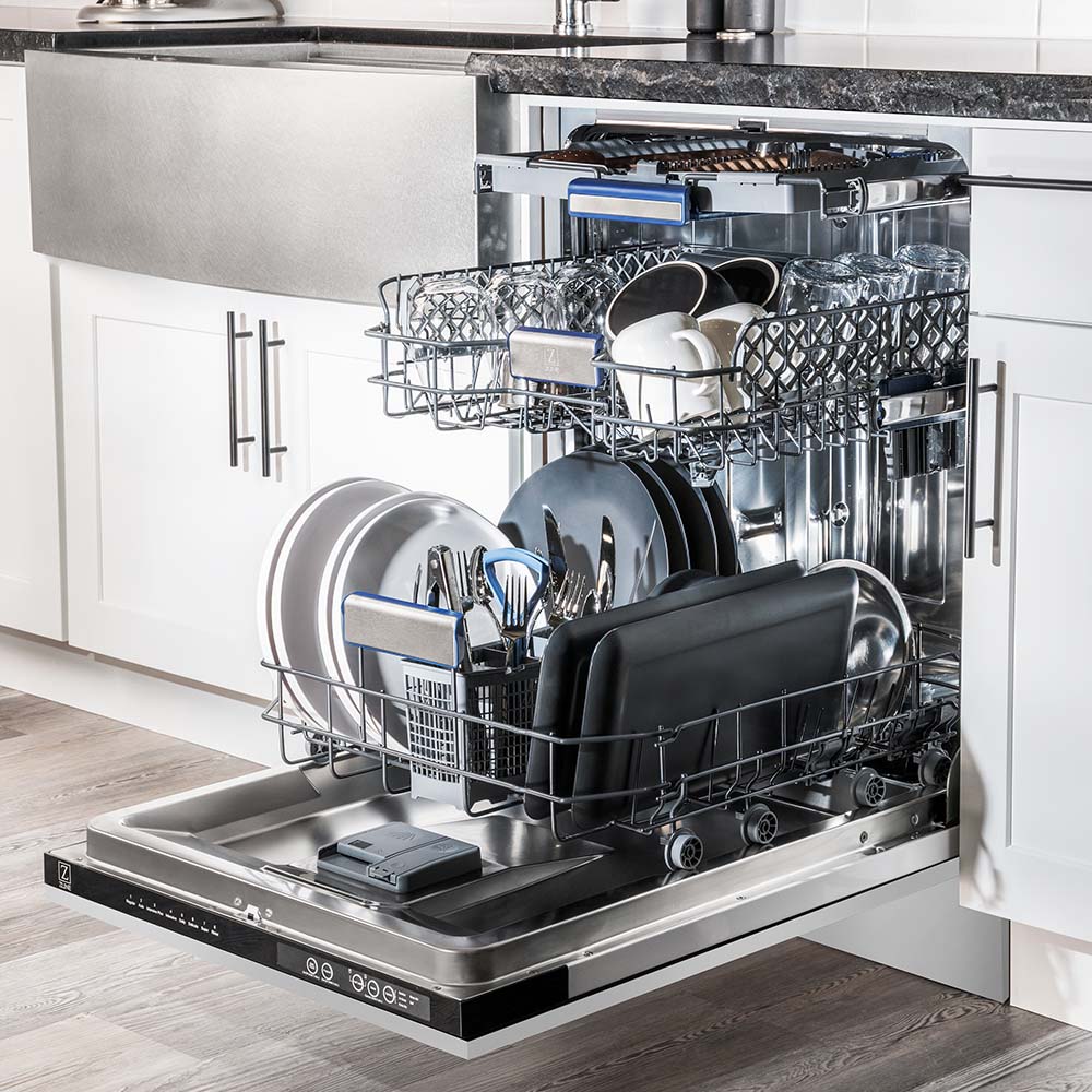 ZLINE 24 in. Tallac Series 3rd Rack Tall Tub Dishwasher in Stainless Steel, 51dBa (DWV-304-24) open with dishes loaded inside in a luxury kitchen, side.