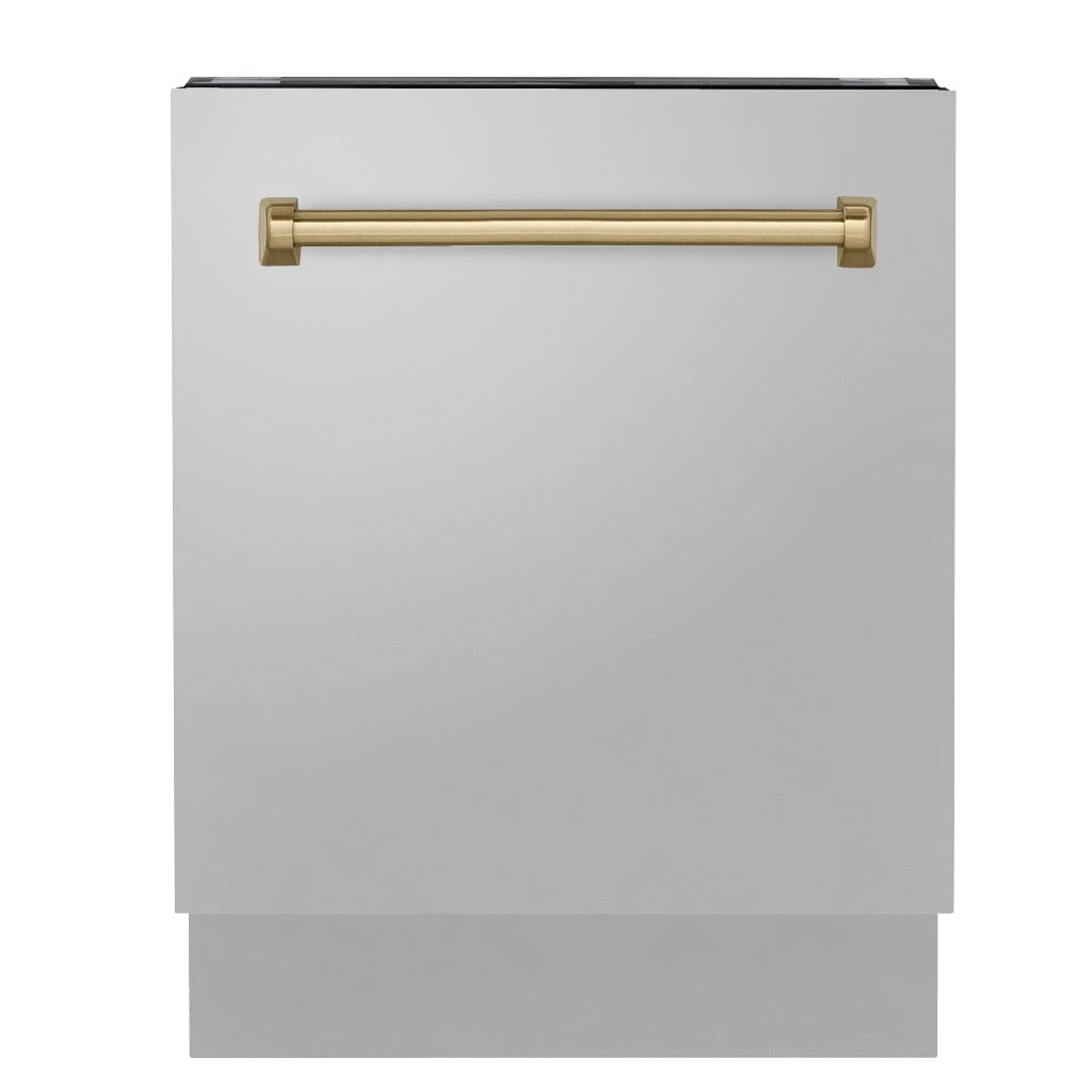 ZLINE Autograph Edition 24 in. 3rd Rack Top Control Tall Tub Dishwasher in Stainless Steel with Champagne Bronze Handle front.