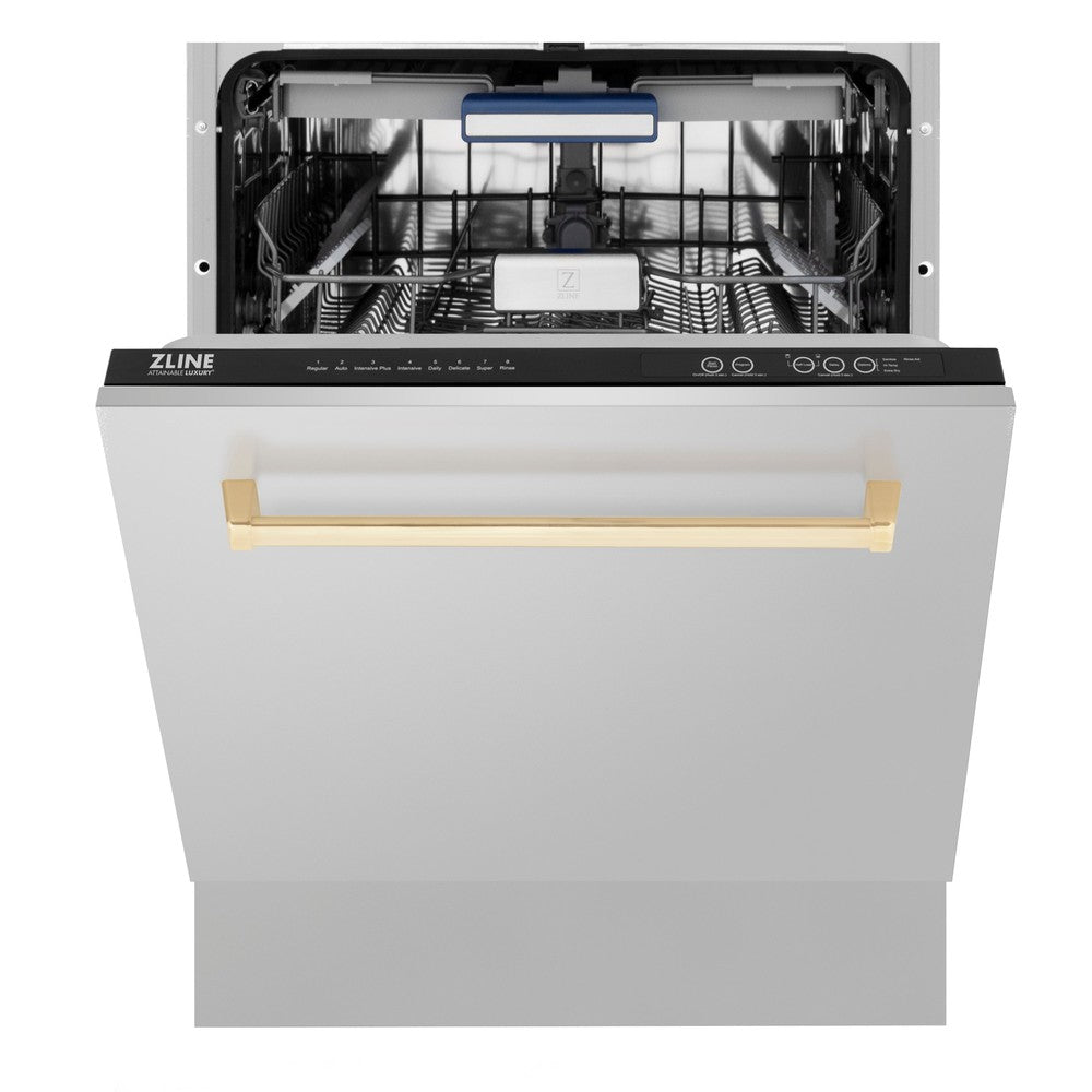 ZLINE Autograph Edition 24 in. Tallac Series 3rd Rack Top Control Built-In Tall Tub Dishwasher in Stainless Steel with Polished Gold Handle, 51dBa (DWVZ-304-24-G) front, half open.
