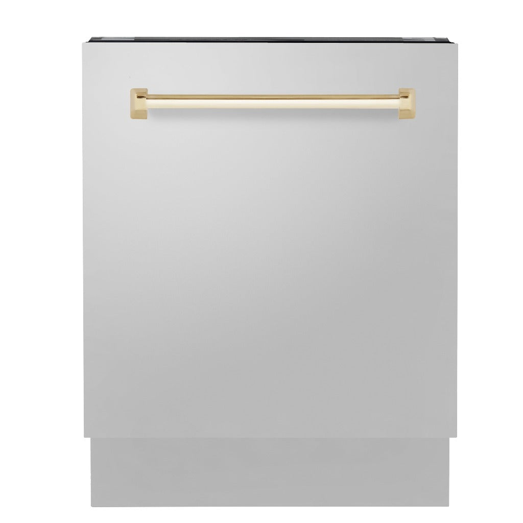 ZLINE Autograph Edition 24 in. Tallac Series 3rd Rack Top Control Built-In Tall Tub Dishwasher in Stainless Steel with Polished Gold Handle, 51dBa (DWVZ-304-24-G) front, closed.