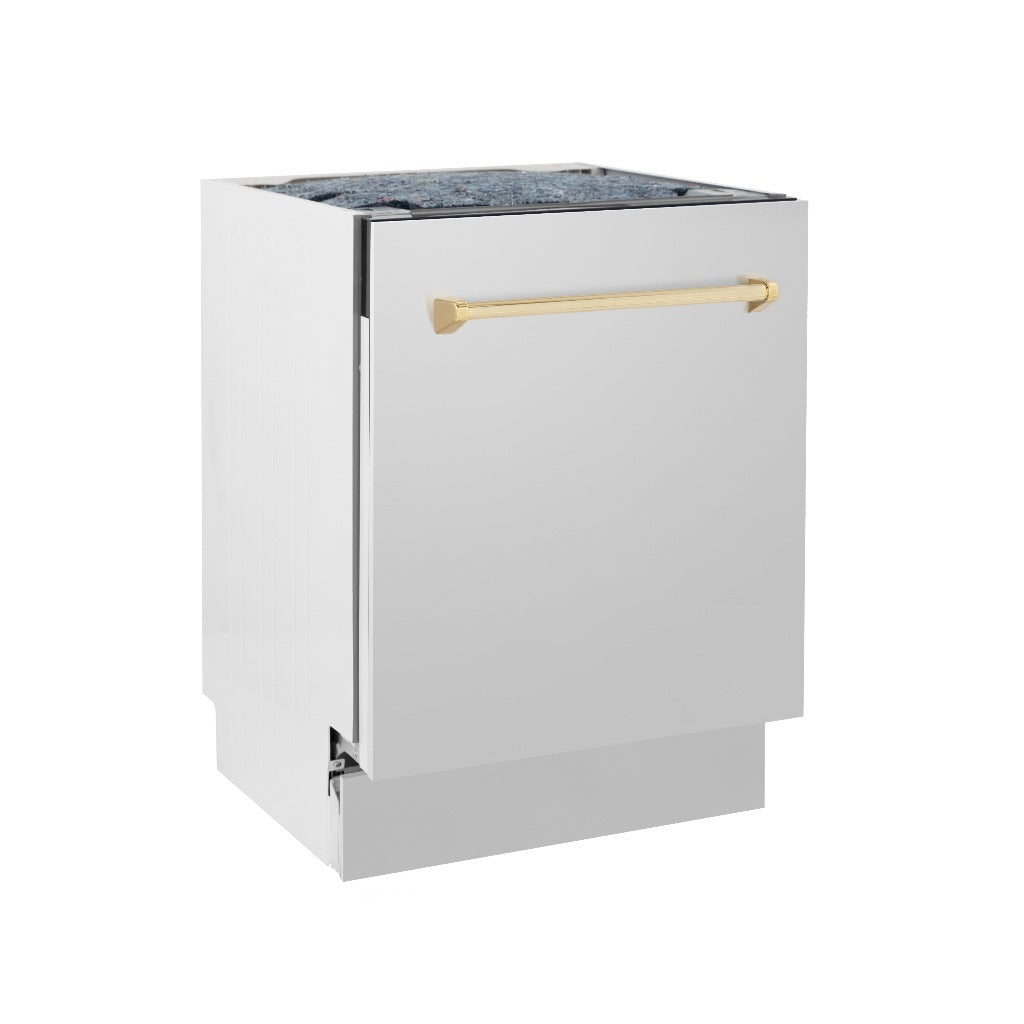 ZLINE Autograph Edition 24 in. Tallac Series 3rd Rack Top Control Built-In Tall Tub Dishwasher in Stainless Steel with Polished Gold Handle, 51dBa (DWVZ-304-24-G) front, closed.