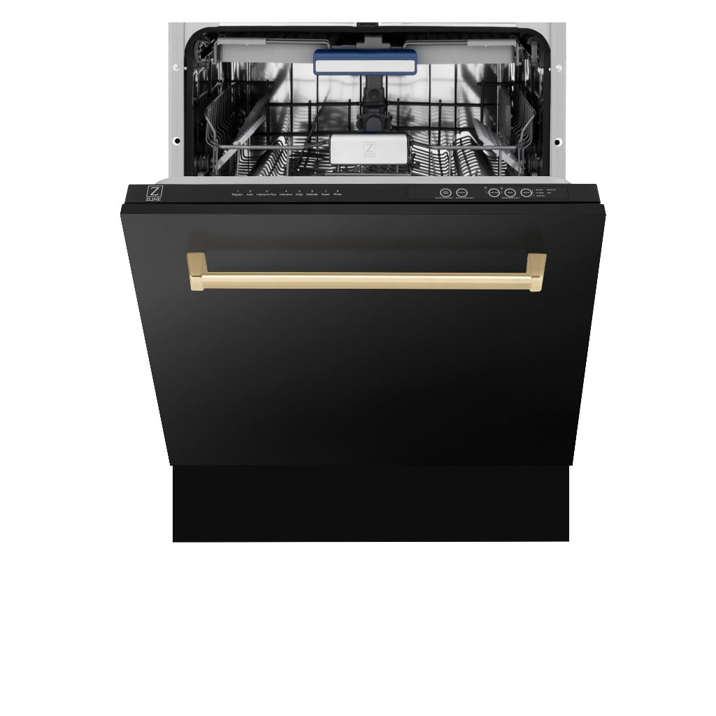 ZLINE Autograph Edition 24 in. Tallac Series 3rd Rack Top Control Built-In Tall Tub Dishwasher in Black Stainless Steel with Champagne Bronze Handle, 51dBa (DWVZ-BS-24-CB) front, half open.