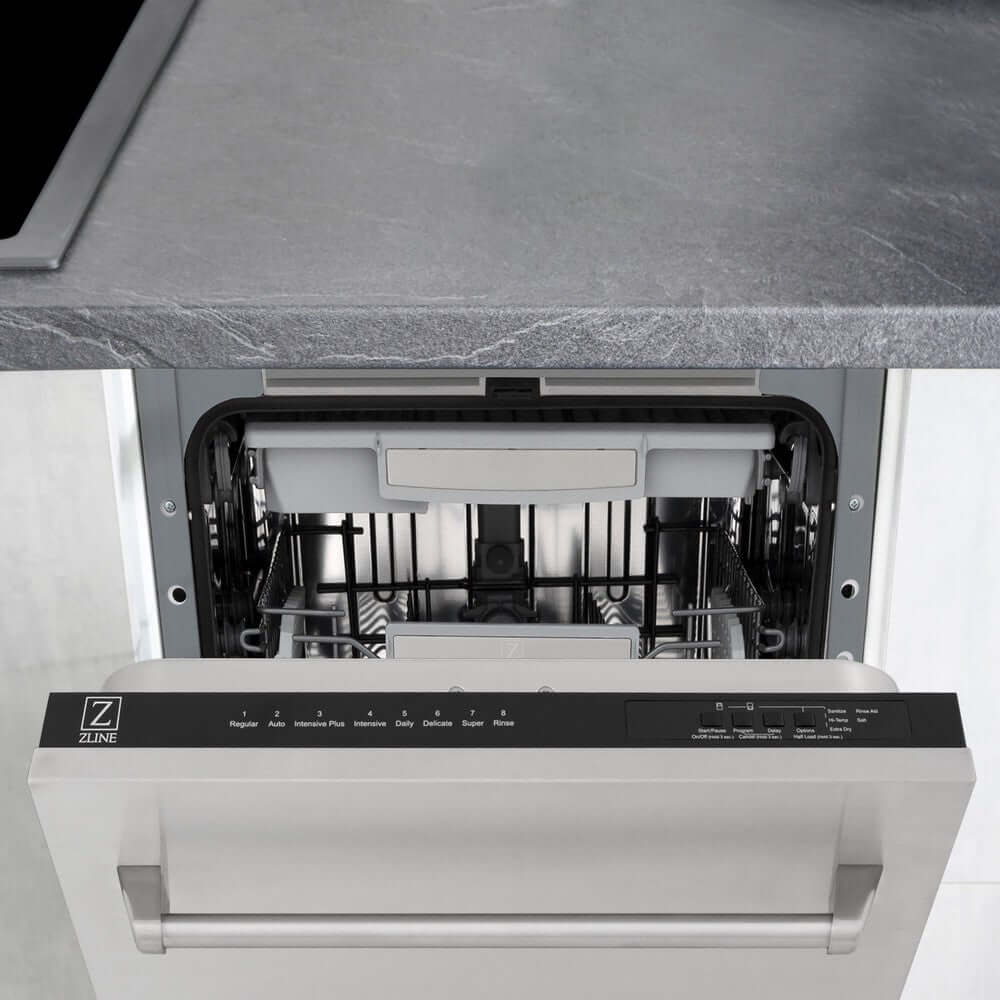 ZLINE 18 in. Tallac Series 3rd Rack Top Control Built-In Dishwasher in Stainless Steel and Traditional Handle, 51dBa (DWV-304-18) built-in to cabinets in a luxury kitchen.