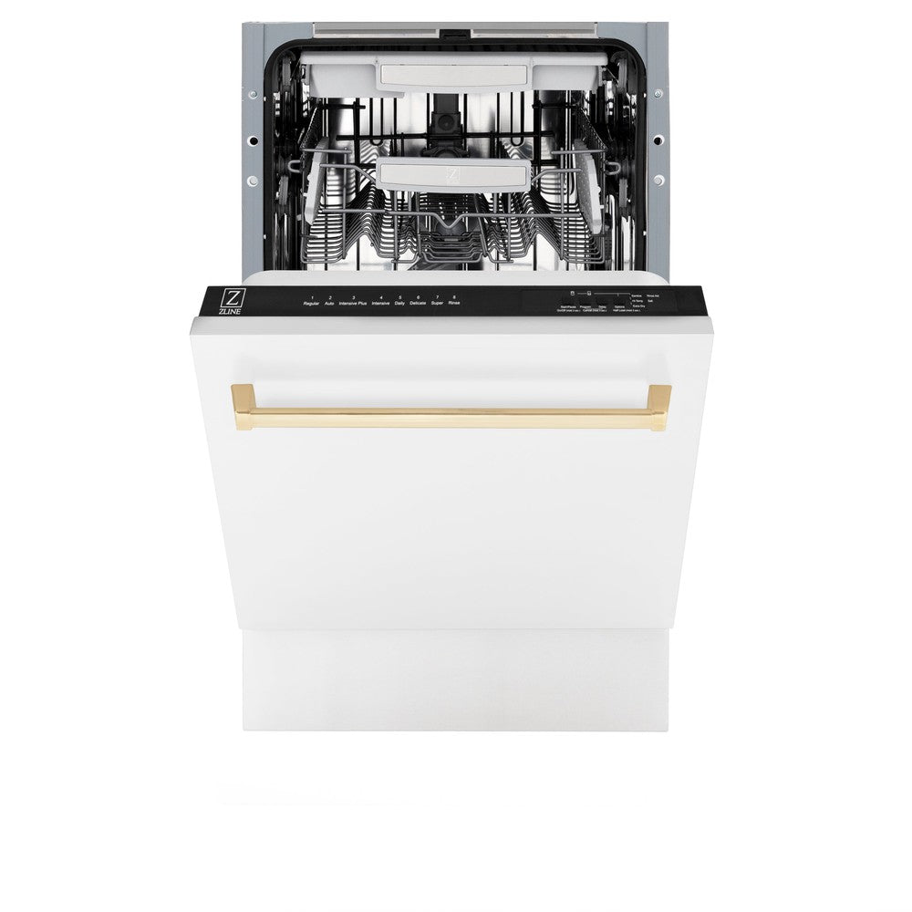 ZLINE Autograph Edition 18 in. Tallac Series 3rd Rack Top Control Built-In Dishwasher in White Matte with Polished Gold Handle, 51dBa (DWVZ-WM-18-G) front, half open.