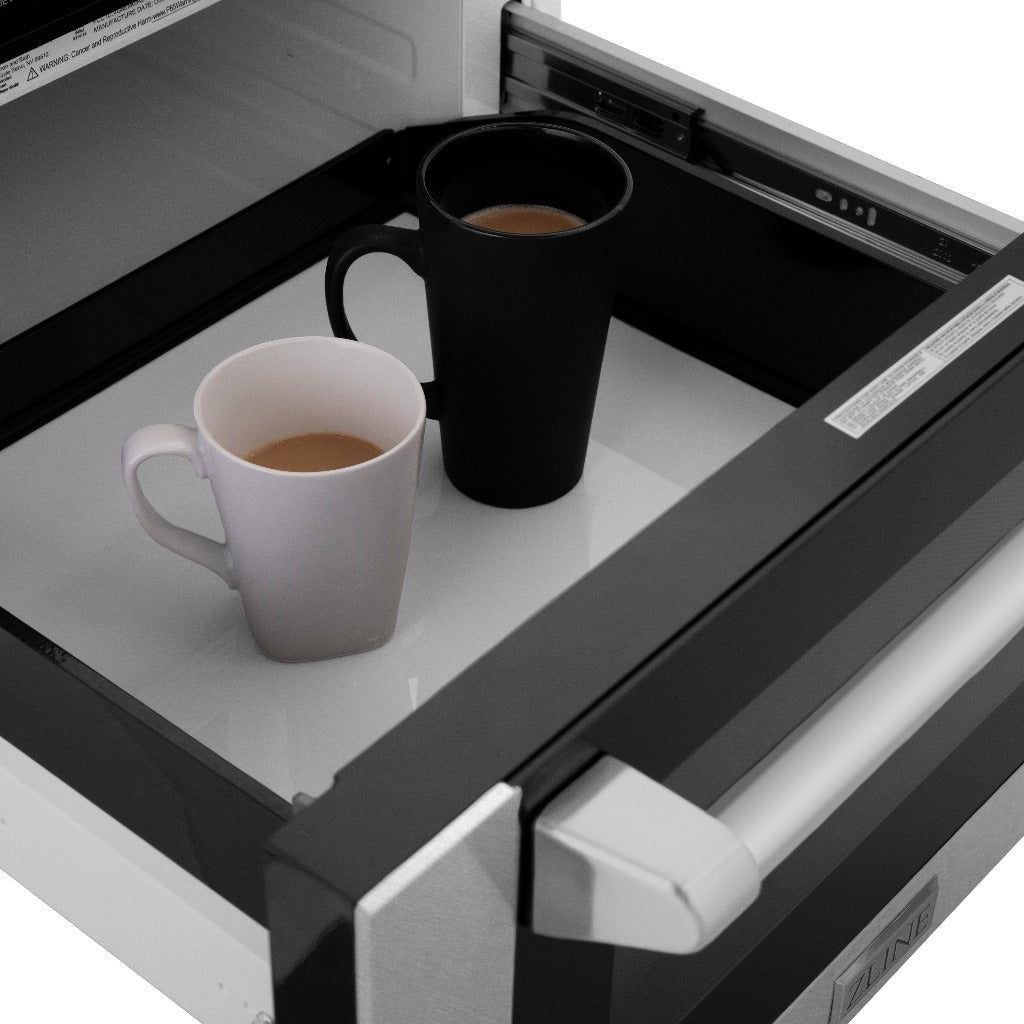 Two Cups Of Coffee In ZLINE Microwave Drawer. 1.2 Cu. Ft. Capacity - A Large Cooking Area Will Easily Fit Your Items, Such As Coffee Mugs Up To 7 In. Tall And Dishes Up To 16 X 16 In.