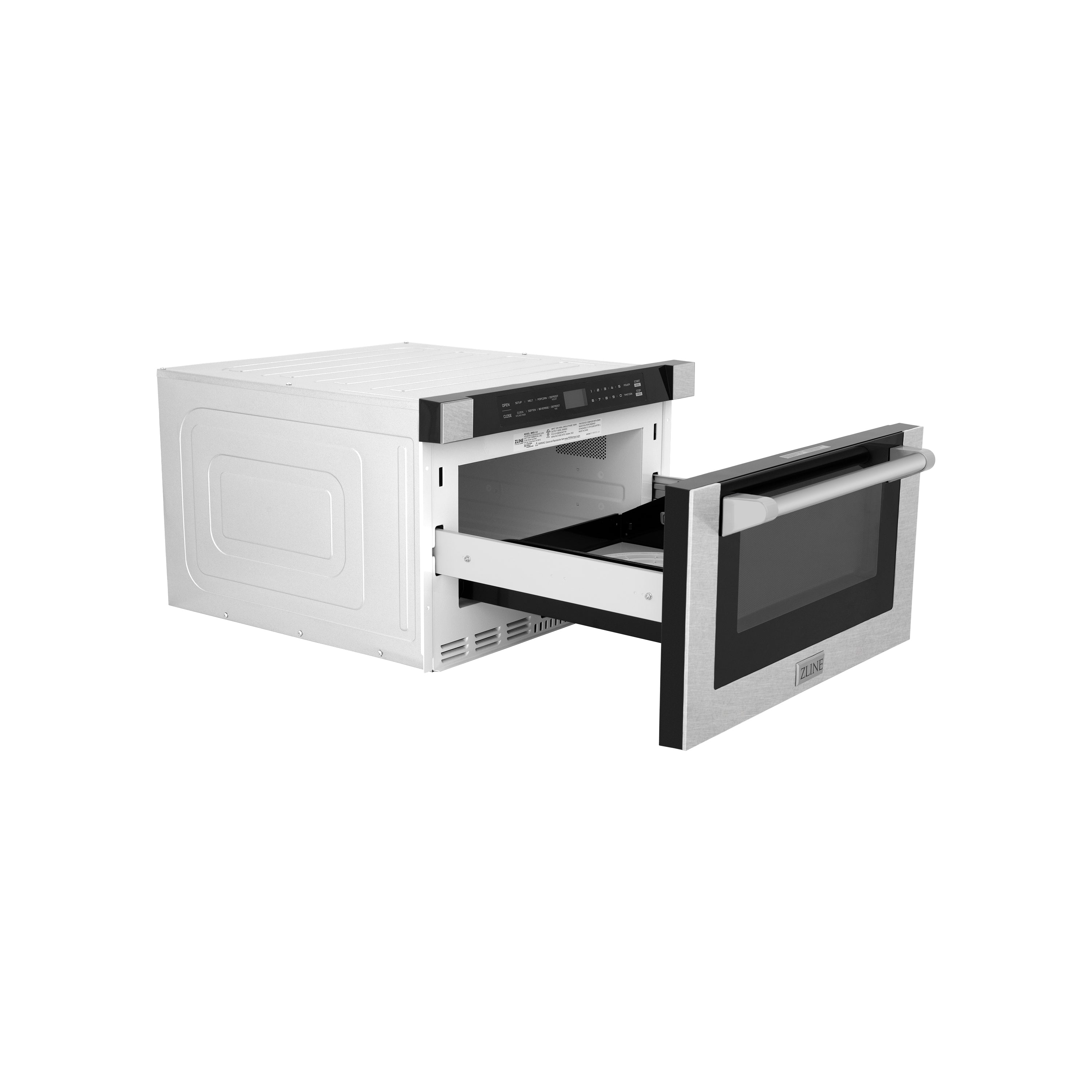 ZLINE 24 in. 1.2 cu. ft. Built-in Microwave Drawer with a Traditional Handle in DuraSnow Stainless Steel (MWD-1-SS-H) Opposite Side View Drawer Open