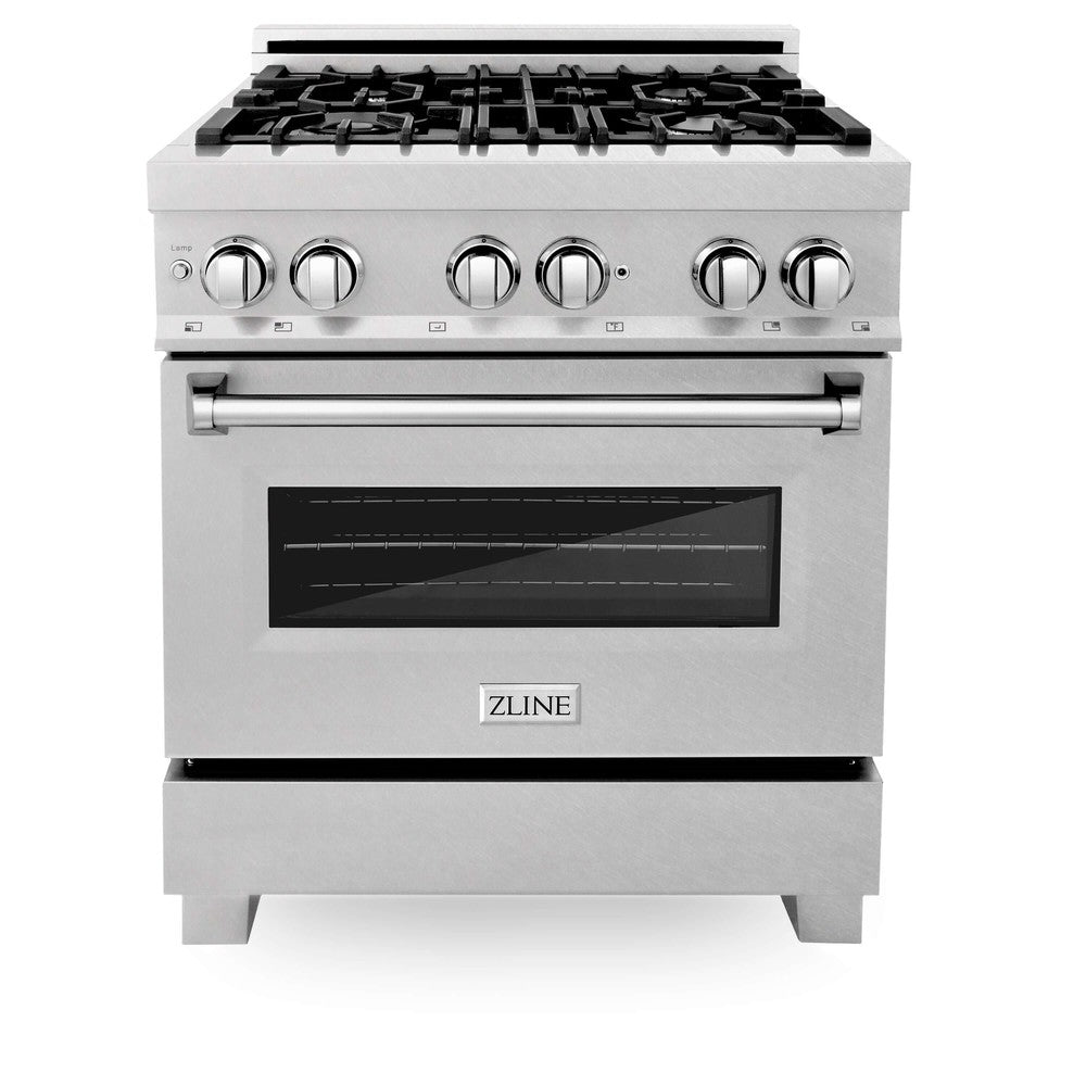 ZLINE 30 in. Kitchen Package with DuraSnow® Stainless Steel Dual Fuel Range and Convertible Vent Range Hood (2KP-RASSNRH30)