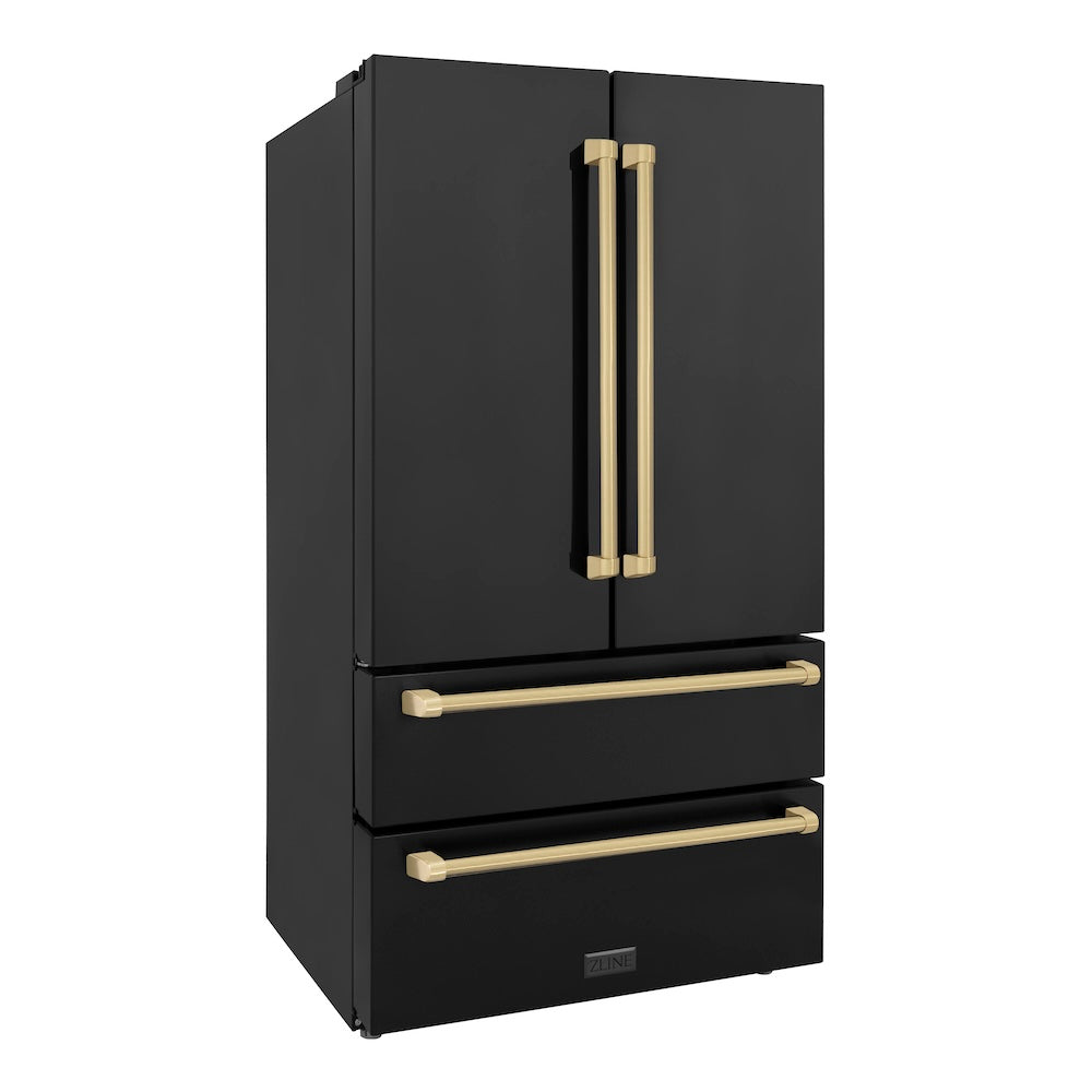 ZLINE Autograph Edition 36 in. Black Stainless Steel French Door Refrigerator with Champagne Bronze Accents, Side View.