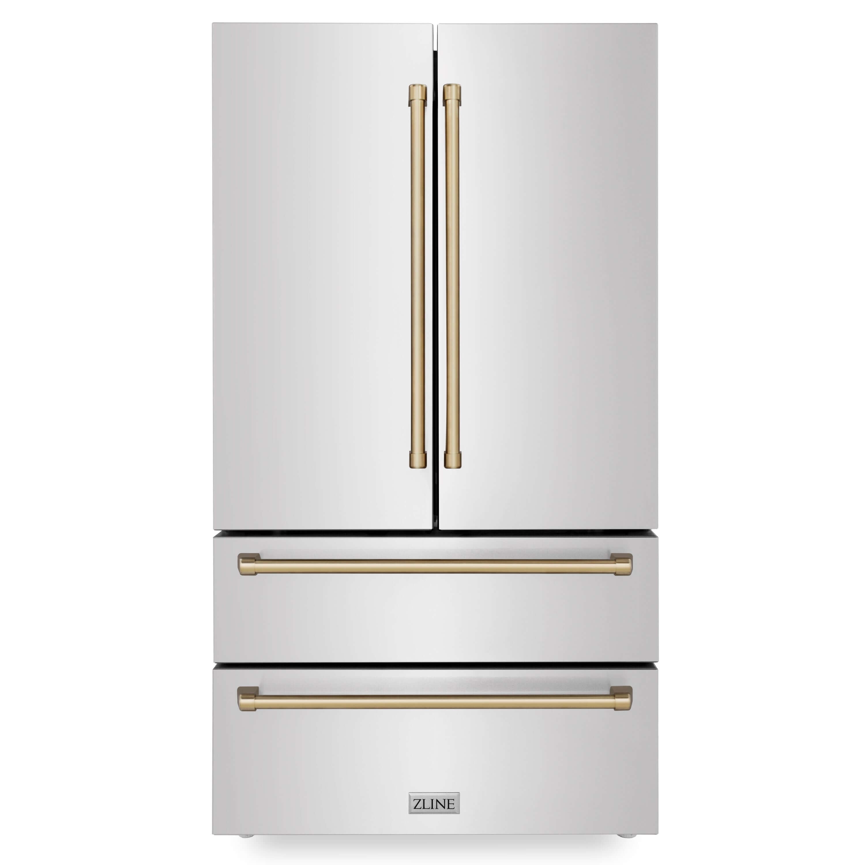 ZLINE 36 in. Autograph Edition French Door Refrigerator in Stainless Steel with Champagne Bronze Accents front.