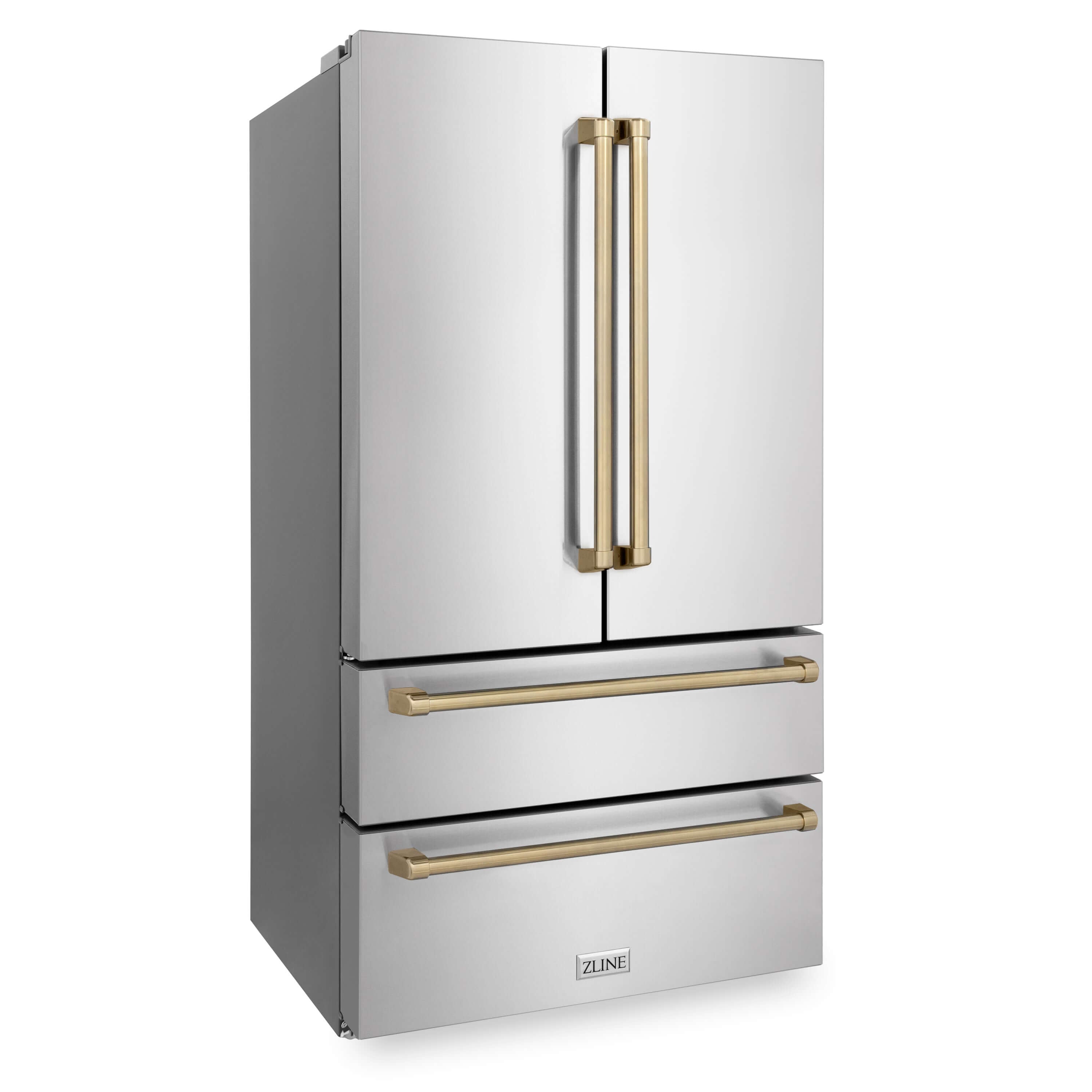 ZLINE 36 in. Autograph Edition French Door Refrigerator in Stainless Steel with Champagne Bronze Accents side.