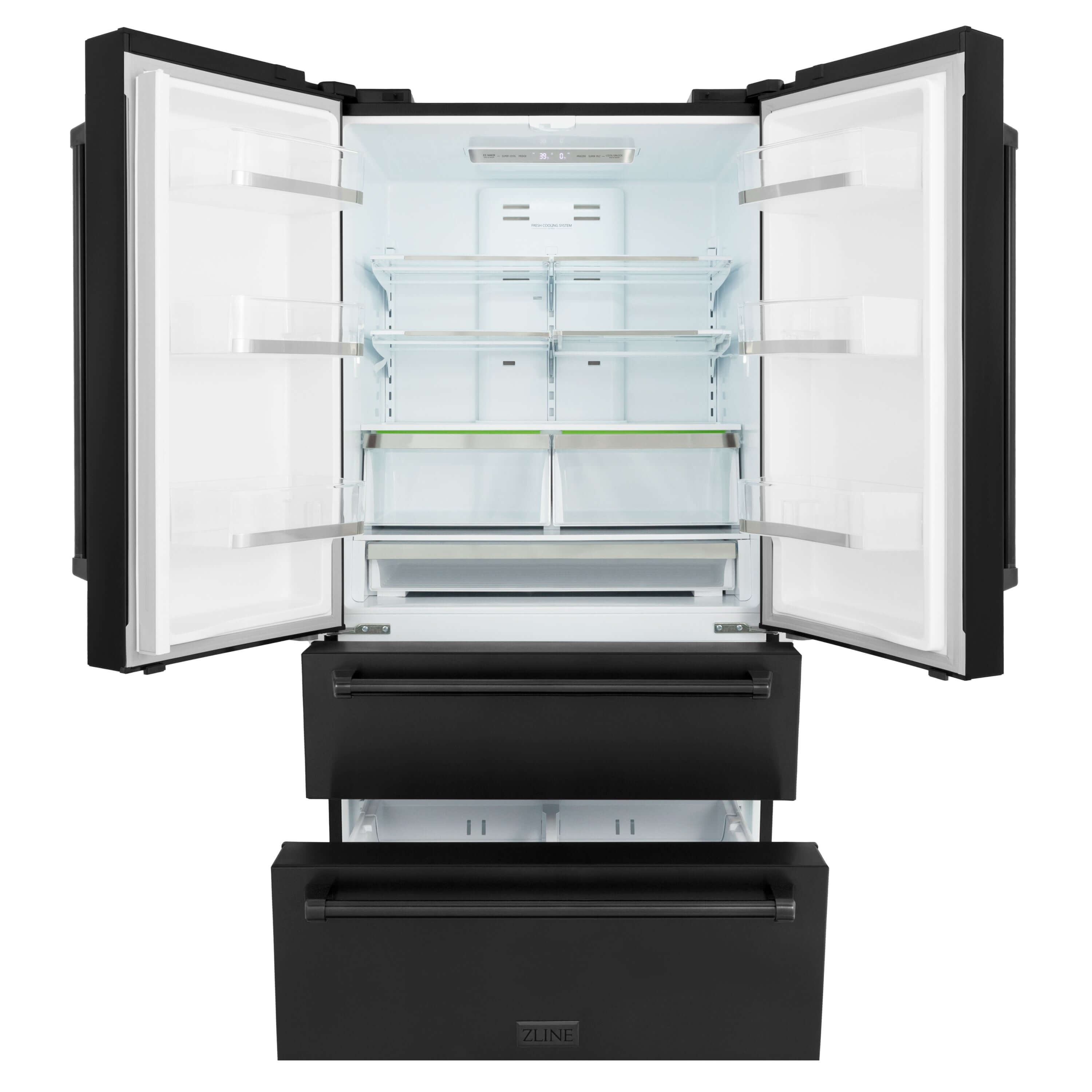 ZLINE 36 in. Freestanding French Door Refrigerator with Ice Maker in Black Stainless Steel (RFM-36-BS) front, refrigeration compartment and bottom freezers open.