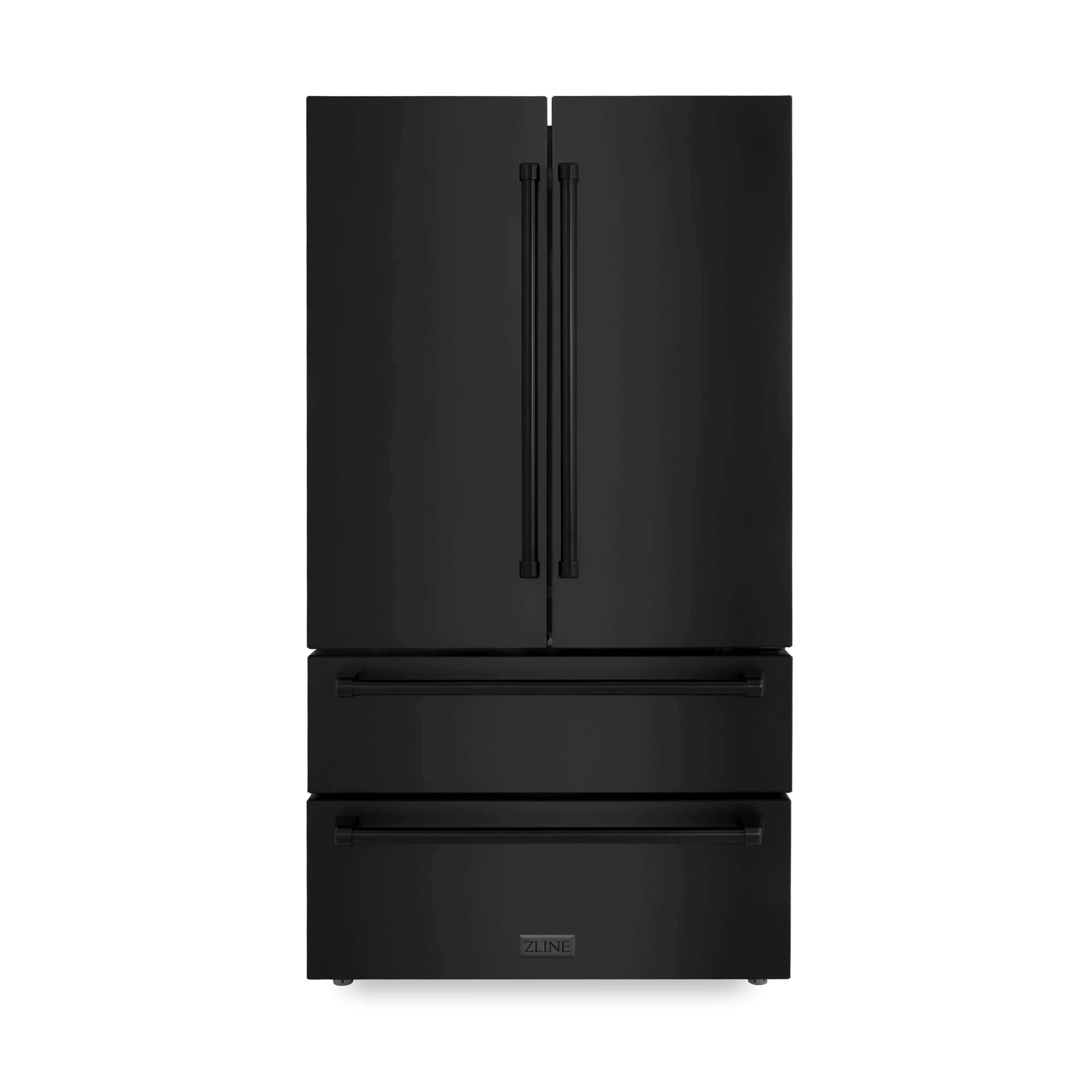 ZLINE 36 in. Freestanding French Door Refrigerator with Ice Maker in Black Stainless Steel (RFM-36-BS) front, closed.