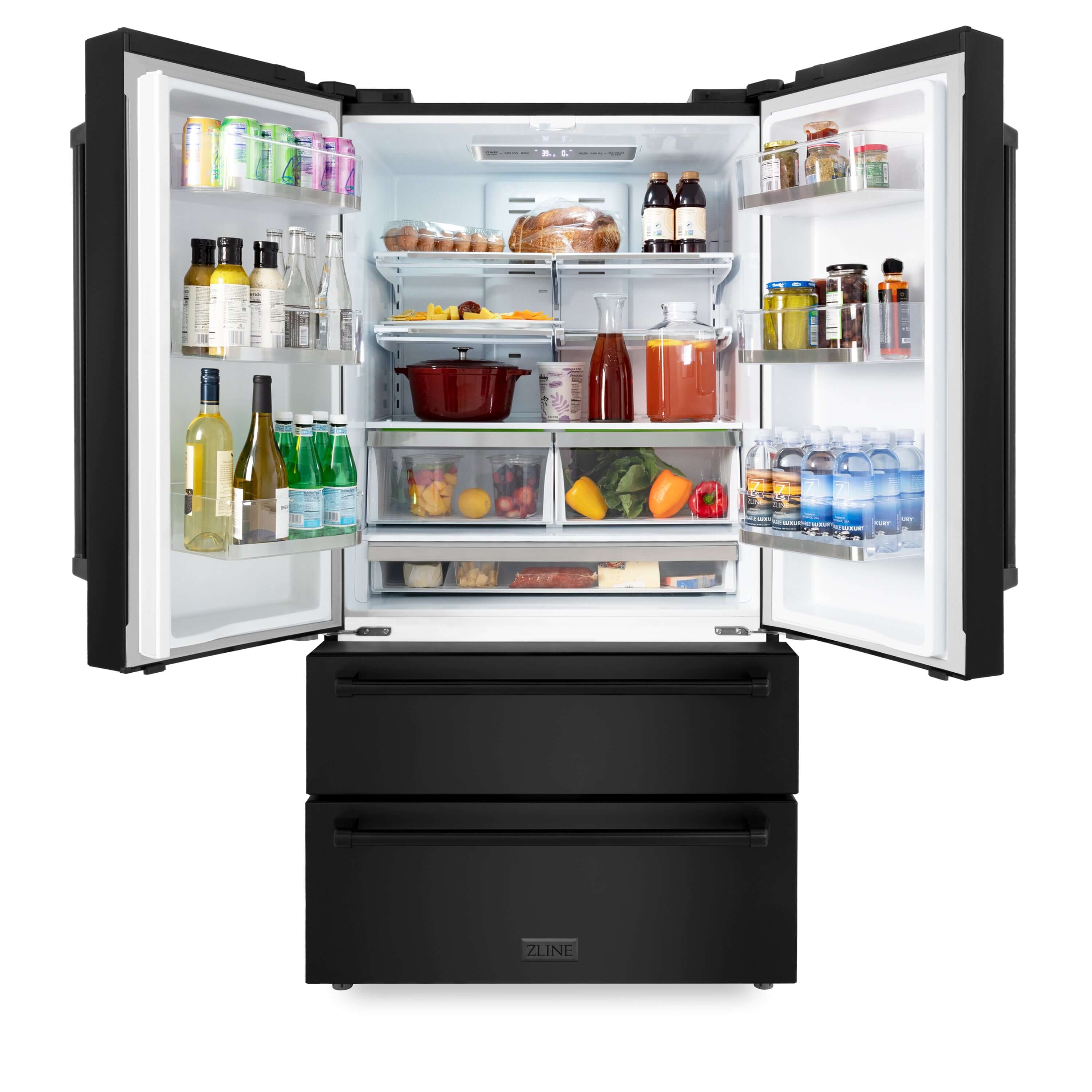 ZLINE 36 in. Freestanding French Door Refrigerator with Ice Maker in Black Stainless Steel (RFM-36-BS) front, open with food on adjustable shelving inside refrigeration compartment.