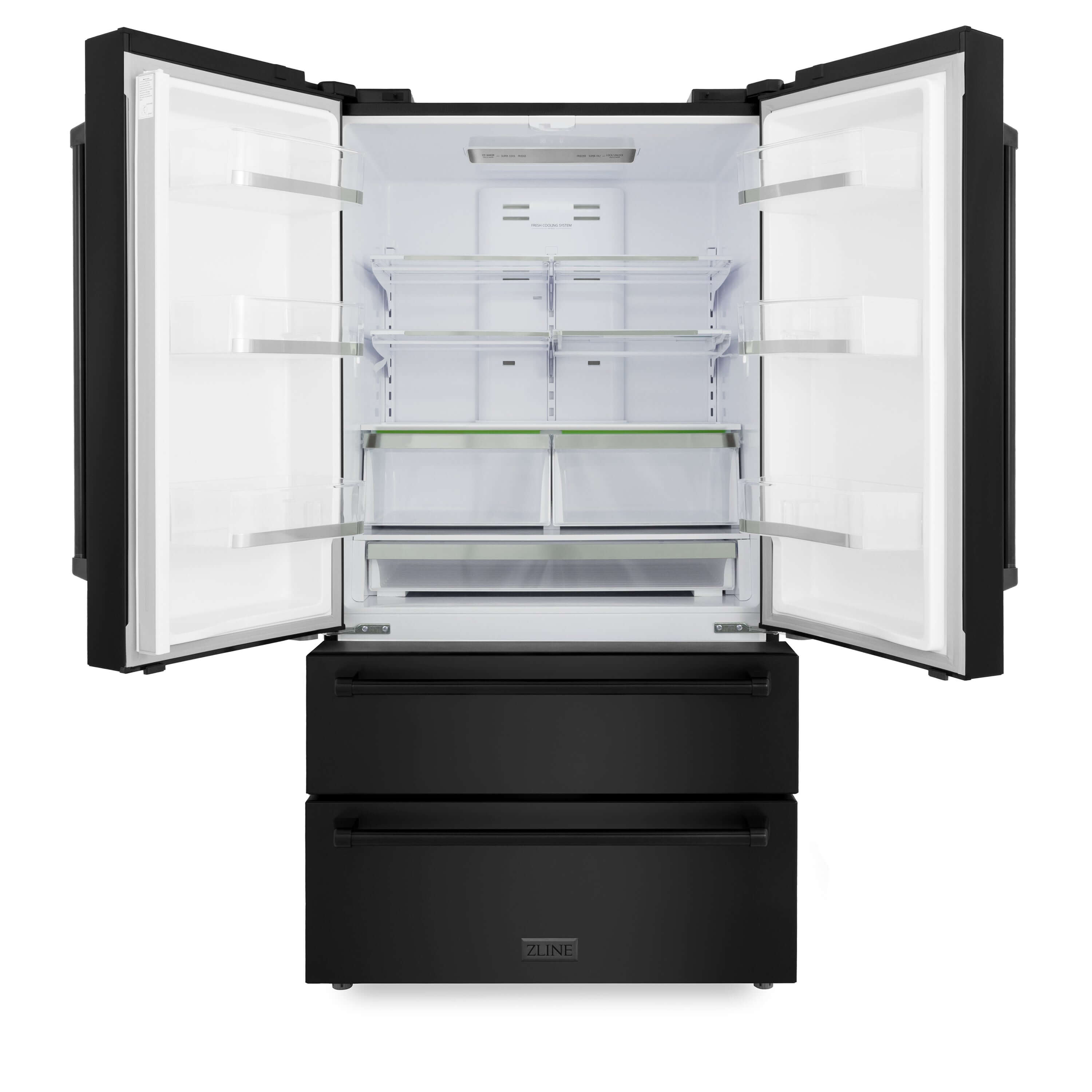 ZLINE 36 in. Freestanding French Door Refrigerator with Ice Maker in Black Stainless Steel (RFM-36-BS) front, open.