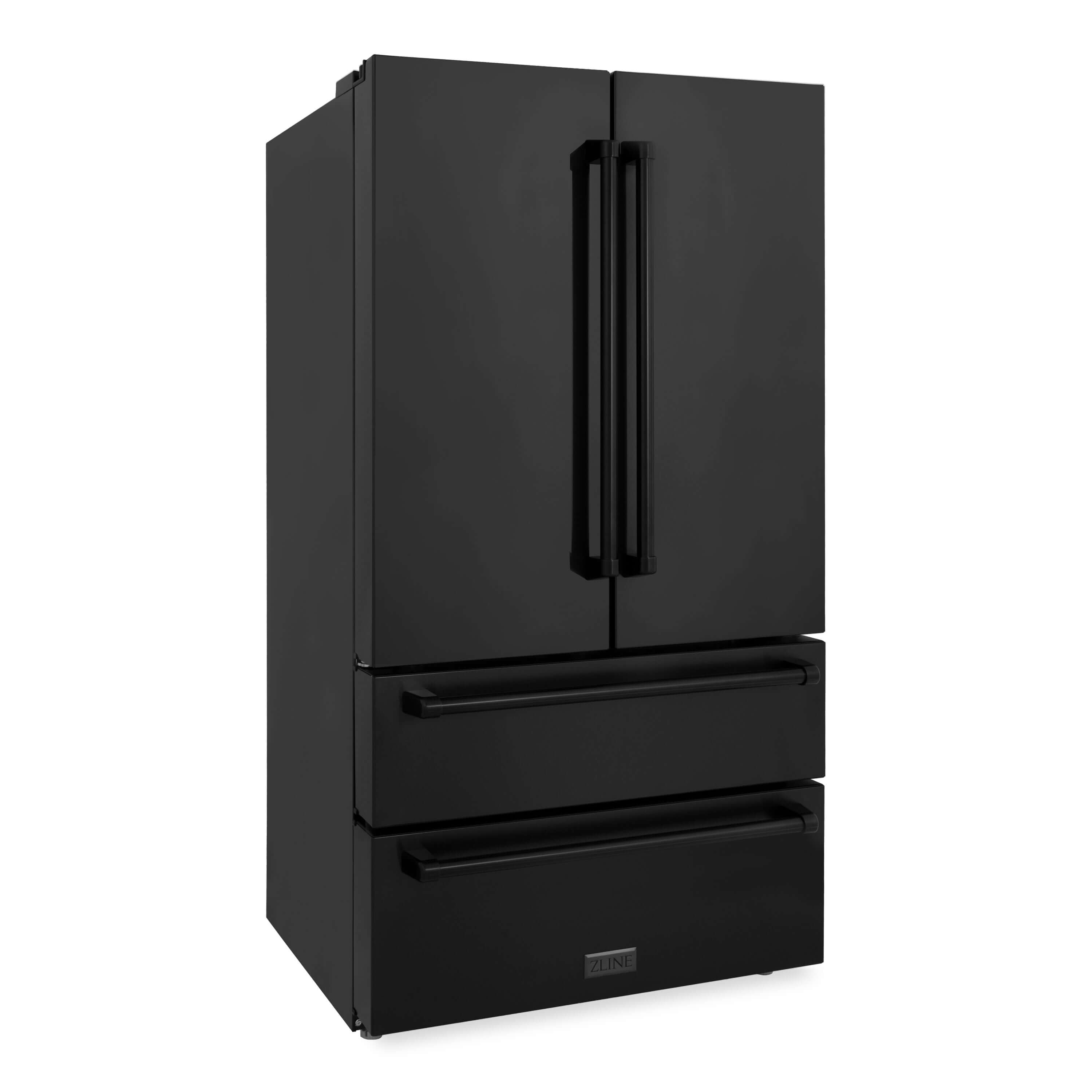 ZLINE 36 in. Freestanding French Door Refrigerator with Ice Maker in Black Stainless Steel (RFM-36-BS) side, closed.