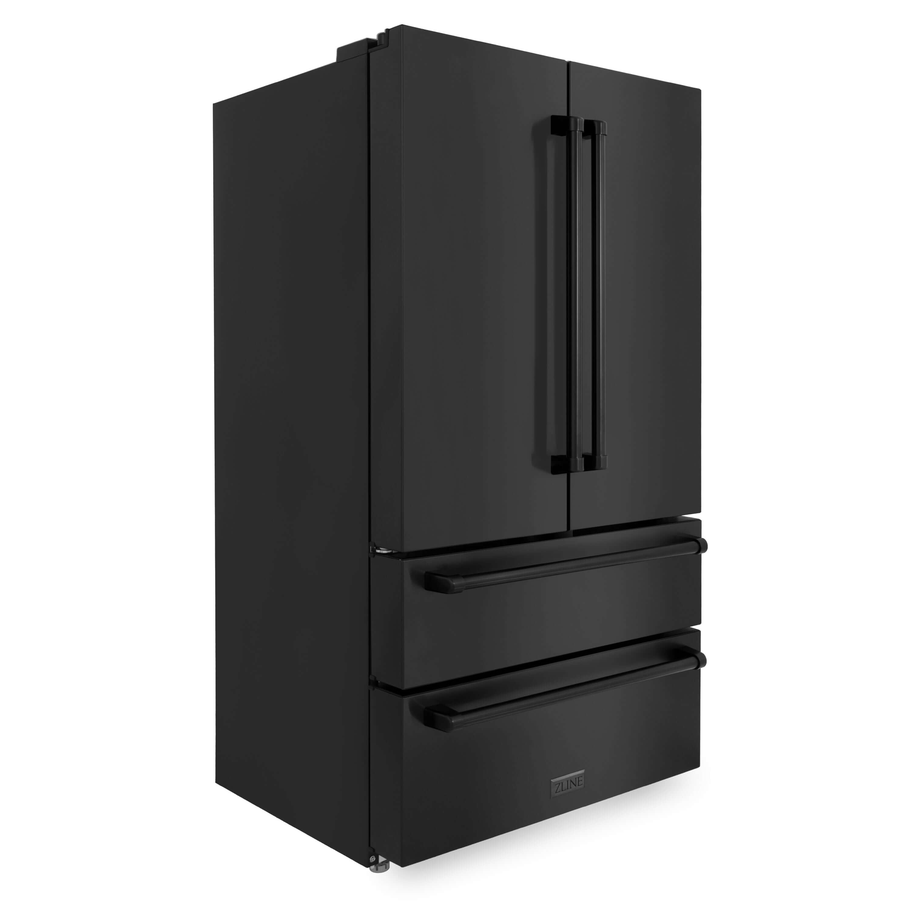 ZLINE 36 in. Freestanding French Door Refrigerator with Ice Maker in Black Stainless Steel (RFM-36-BS) side, closed.