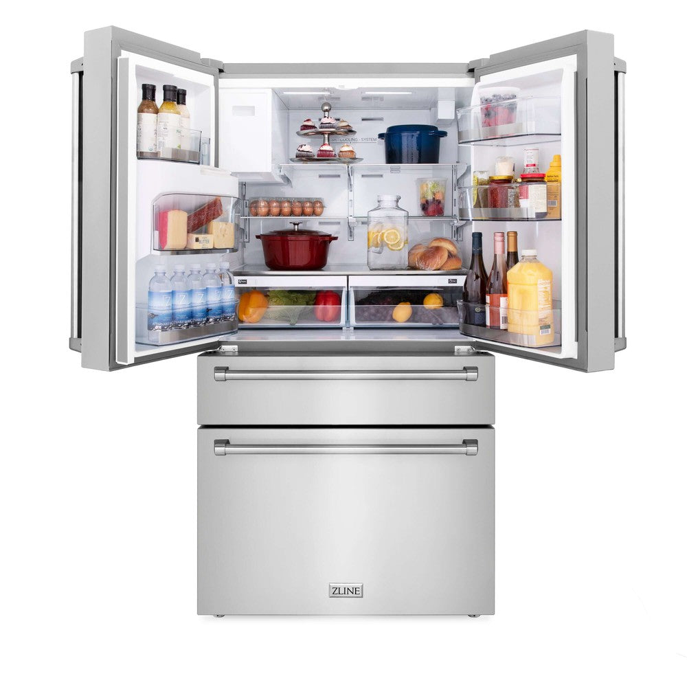 ZLINE 36 in. 21.6 cu. ft Freestanding French Door Fingerprint Resistant Refrigerator with External Water and Ice Dispenser in Stainless Steel (RFM-W-36) front, open with food on adjustable shelving inside refrigeration compartment.