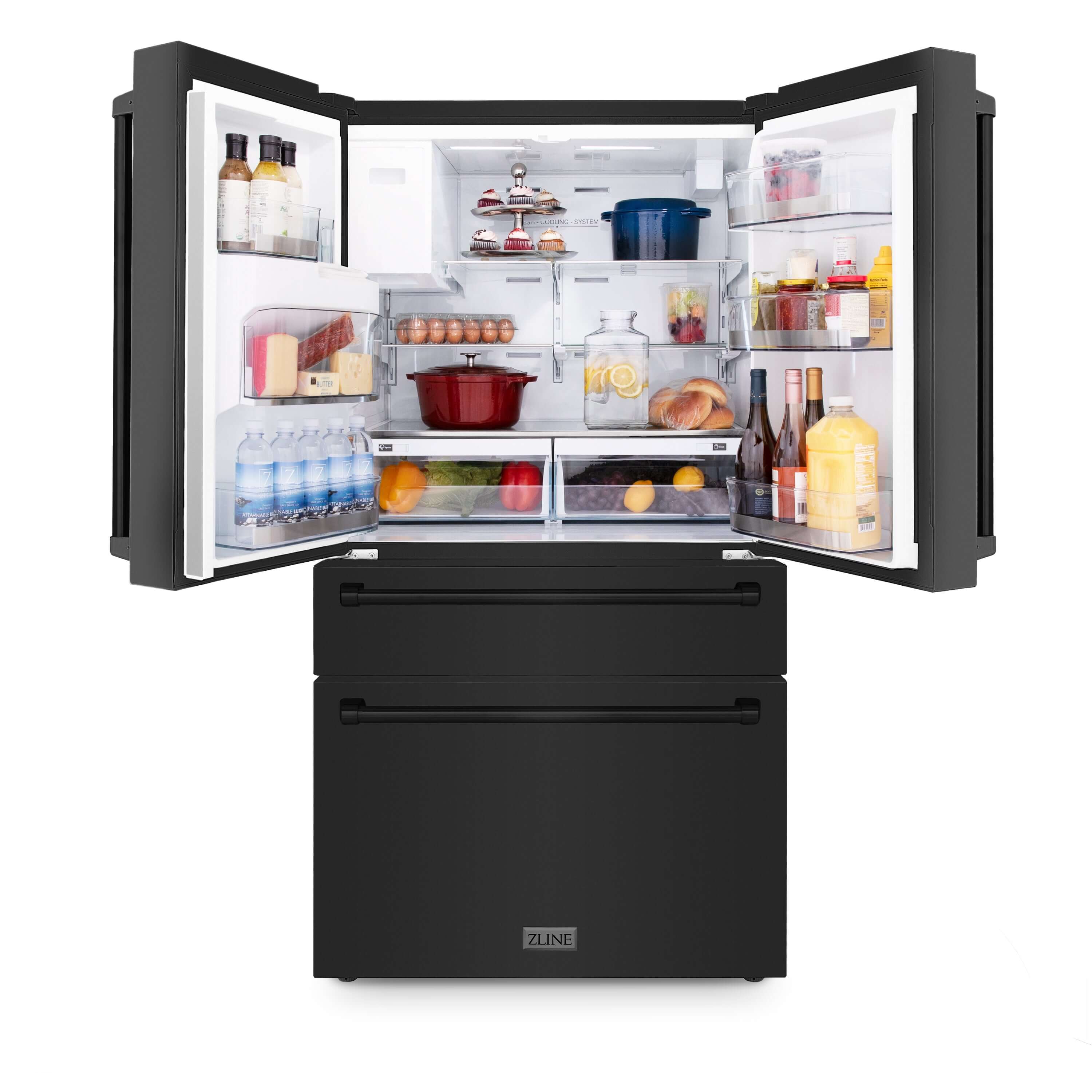 ZLINE 36 in. 21.6 cu. ft Freestanding French Door Fingerprint Resistant Refrigerator with External Water and Ice Dispenser in Black Stainless Steel (RFM-W-36-BS) front, open with food on adjustable shelving inside refrigeration compartment.
