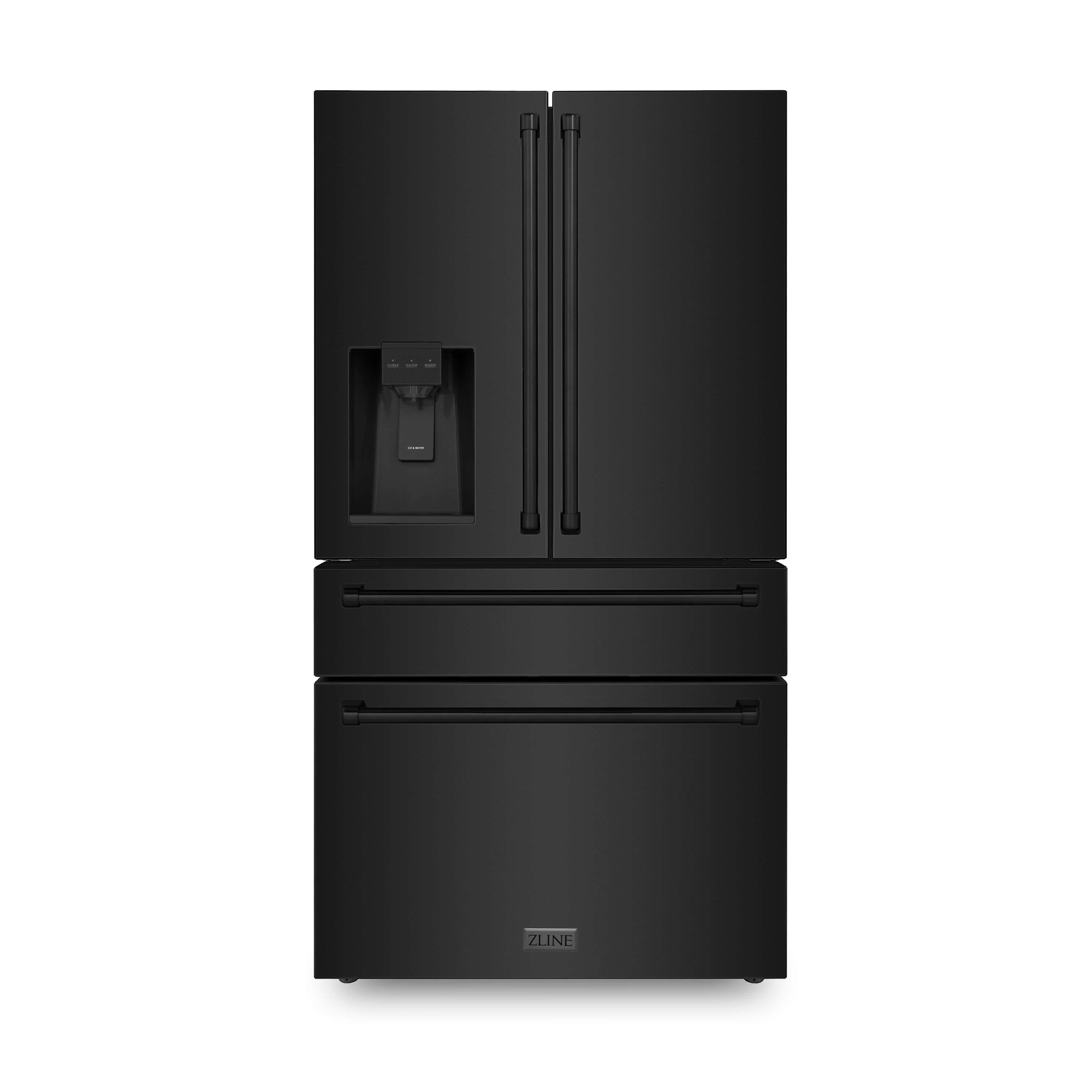 ZLINE 36 in. 21.6 cu. ft Freestanding French Door Fingerprint Resistant Refrigerator with External Water and Ice Dispenser in Black Stainless Steel (RFM-W-36-BS) front, closed.