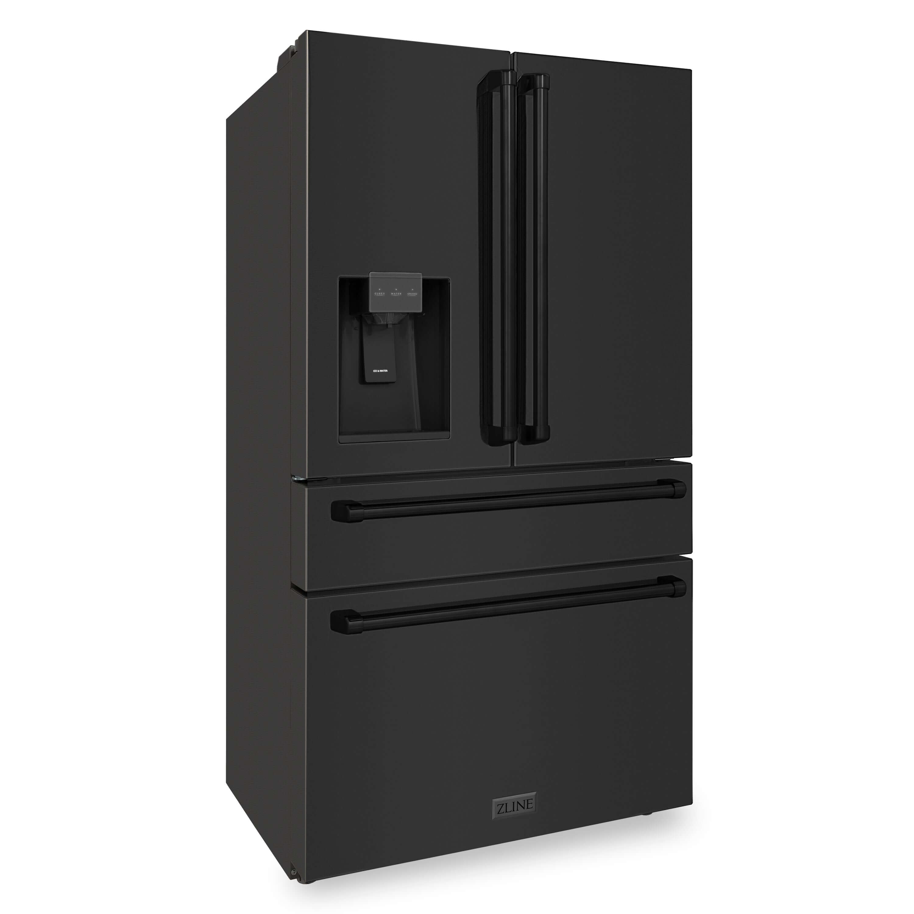 ZLINE 36 in. 21.6 cu. ft Freestanding French Door Fingerprint Resistant Refrigerator with External Water and Ice Dispenser in Black Stainless Steel (RFM-W-36-BS) side, closed.