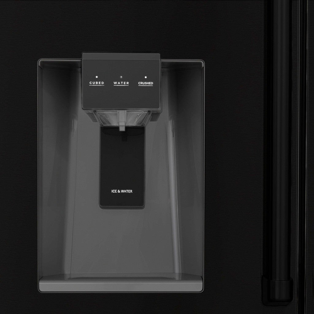 ZLINE black stainless steel French door refrigerator external water and ice dispenser.