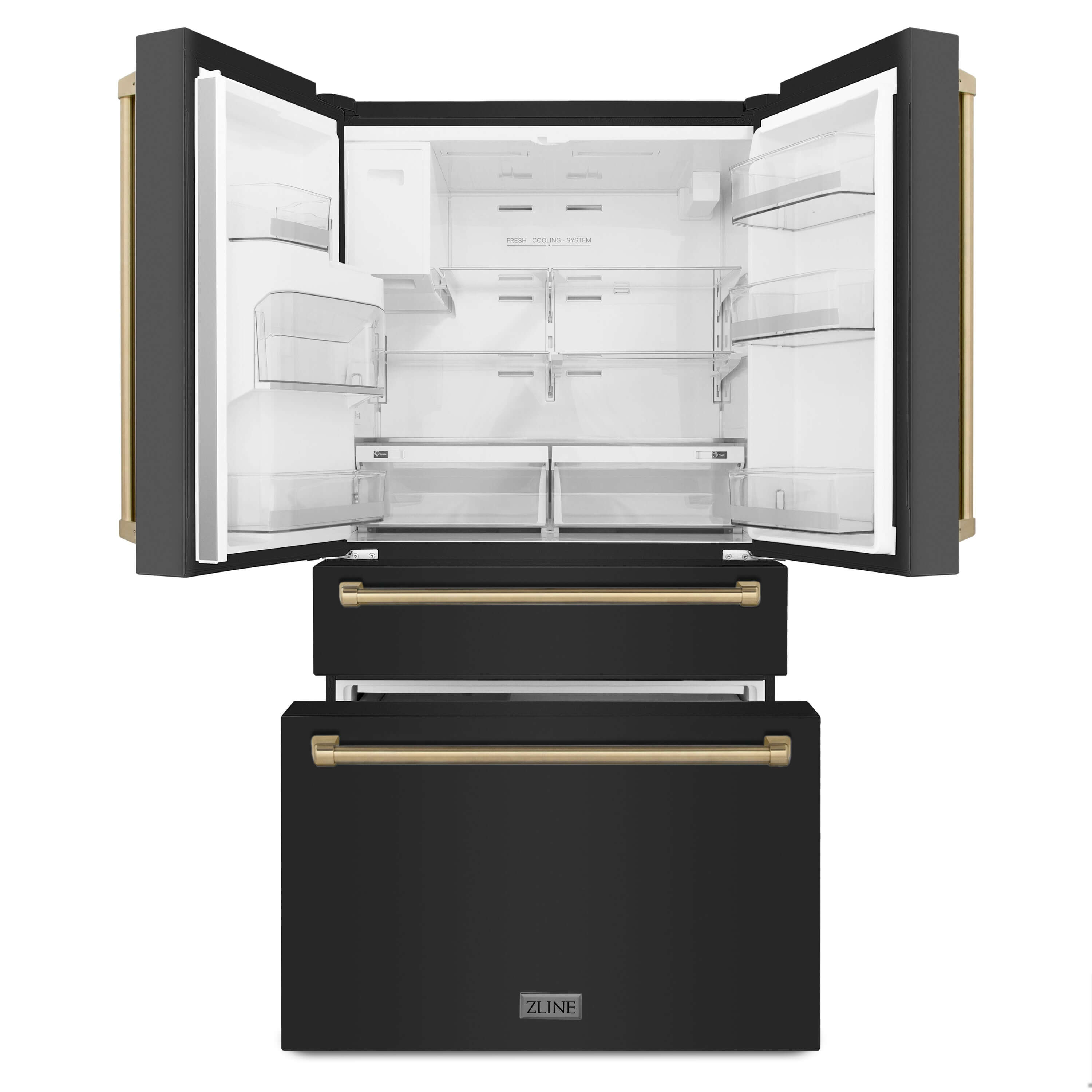 ZLINE Autograph Edition 36 in. 21.6 cu. ft Freestanding French Door Refrigerator with Water and Ice Dispenser in Fingerprint Resistant Black Stainless Steel with Champagne Bronze Accents (RFMZ-W-36-BS-CB) front, refrigeration compartment and bottom freezers open.