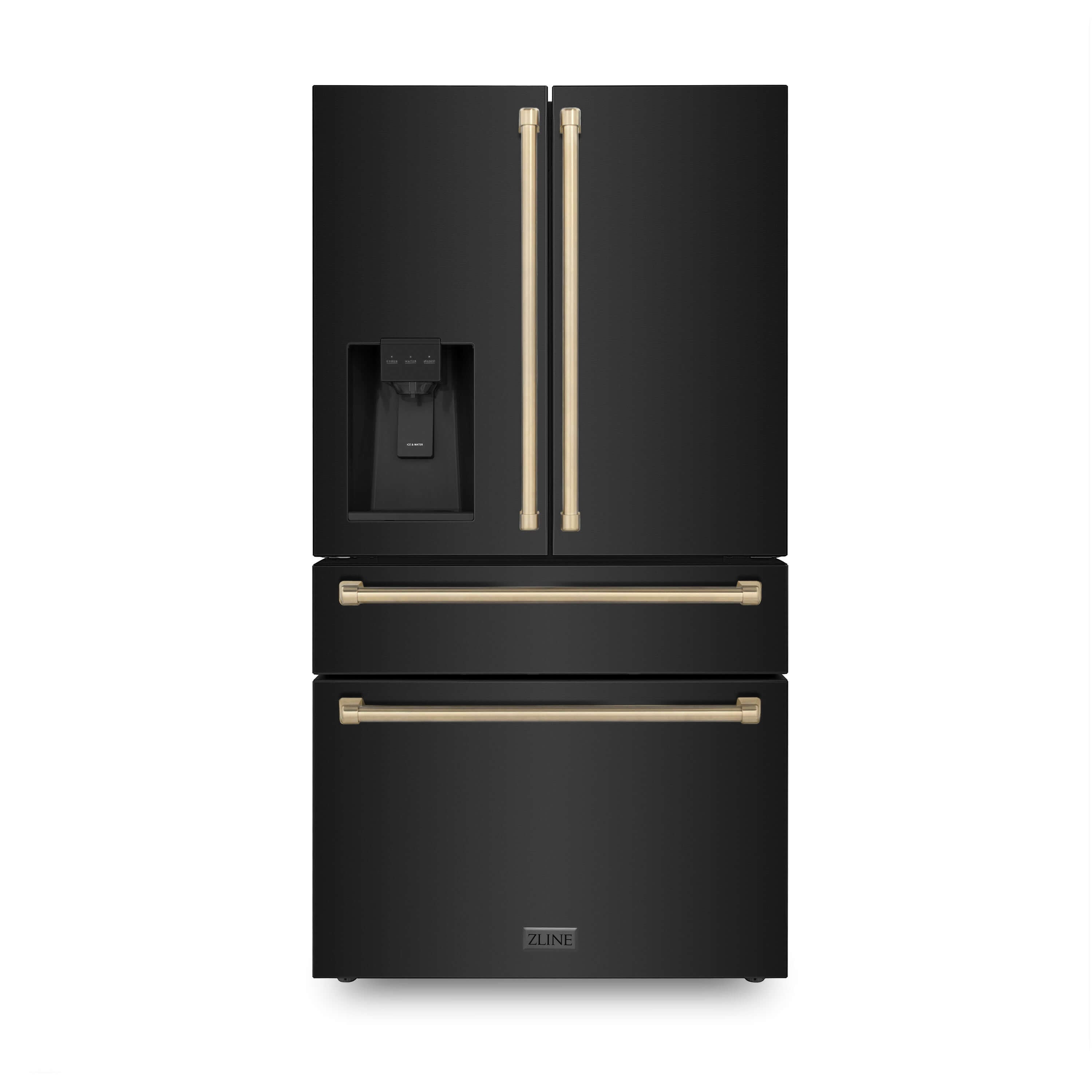 ZLINE Autograph Edition 36 in. 21.6 cu. ft Freestanding French Door Refrigerator with Water and Ice Dispenser in Fingerprint Resistant Black Stainless Steel with Champagne Bronze Accents (RFMZ-W-36-BS-CB) front, closed.
