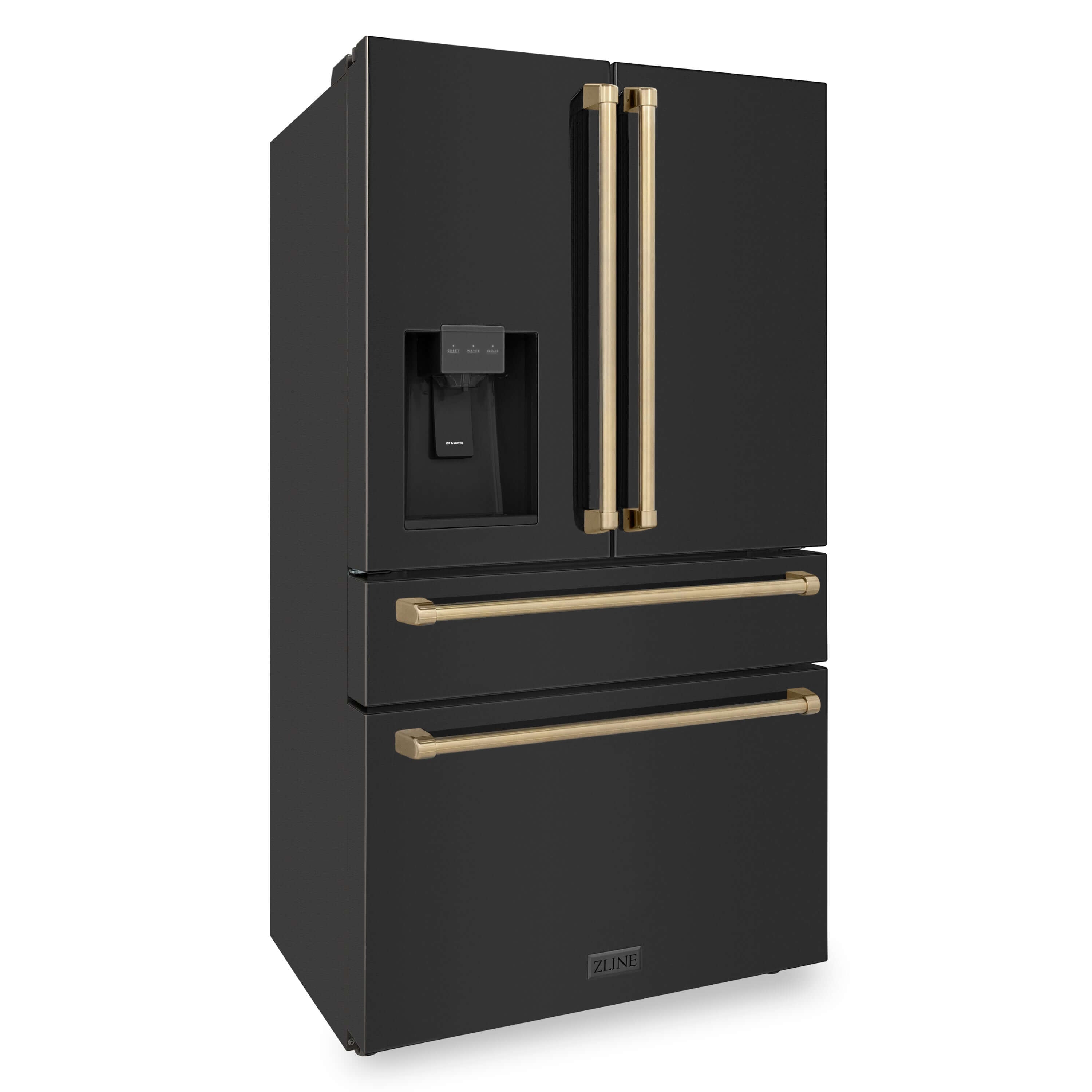ZLINE Autograph Edition 36 in. 21.6 cu. ft Freestanding French Door Refrigerator with Water and Ice Dispenser in Fingerprint Resistant Black Stainless Steel with Champagne Bronze Accents (RFMZ-W-36-BS-CB) side, closed.