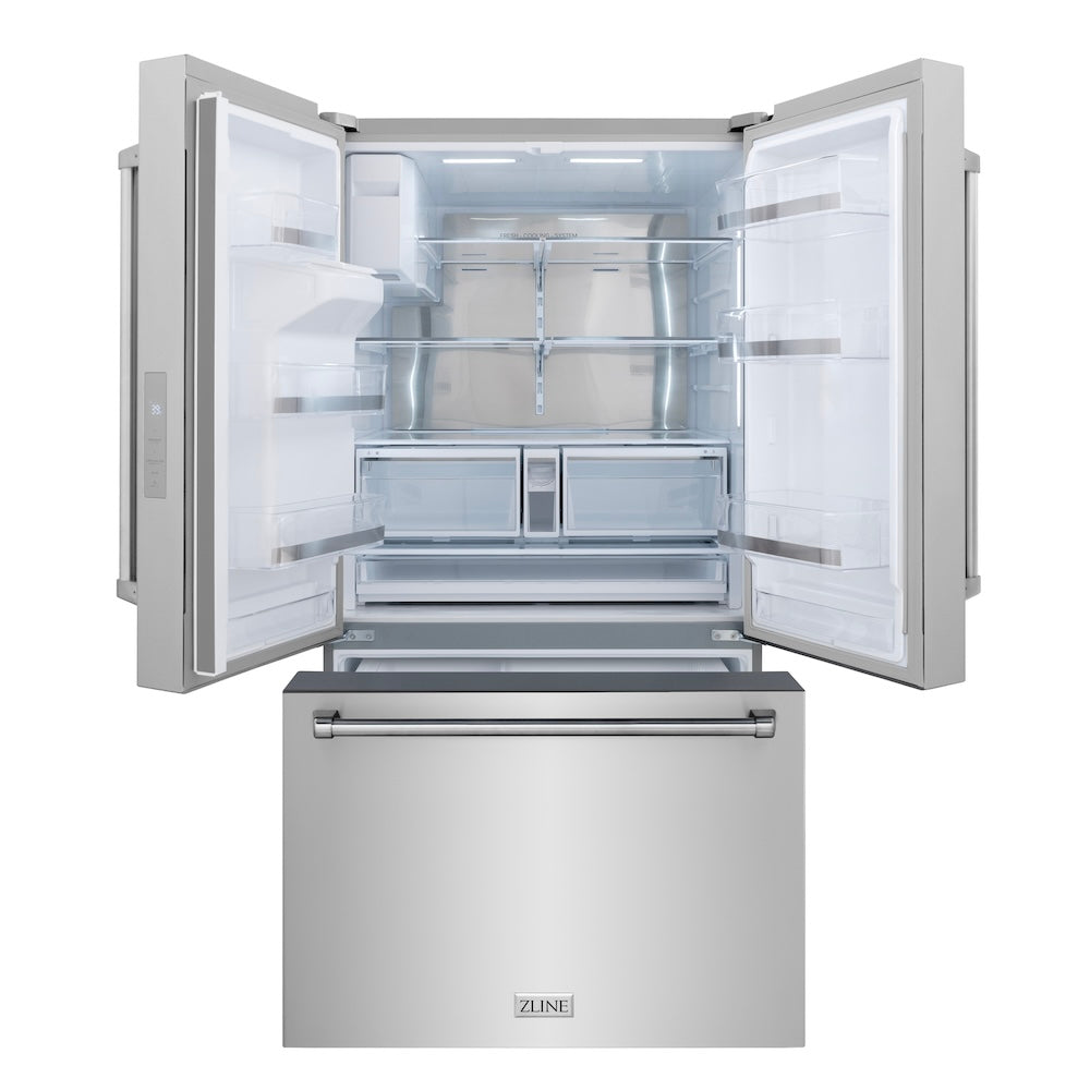 ZLINE 36 in. 28.9 cu. ft. Standard-Depth French Door External Water Dispenser Refrigerator with Dual Ice Maker in Fingerprint Resistant Stainless Steel (RSM-W-36) front, doors and bottom freezer drawer open.