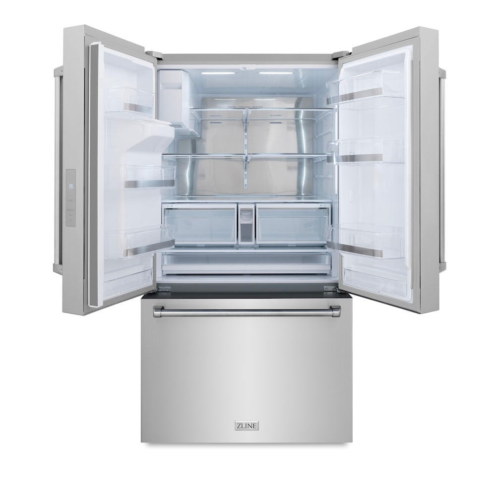 ZLINE 36 in. 28.9 cu. ft. Standard-Depth French Door External Water Dispenser Refrigerator with Dual Ice Maker in Fingerprint Resistant Stainless Steel (RSM-W-36) front, open.
