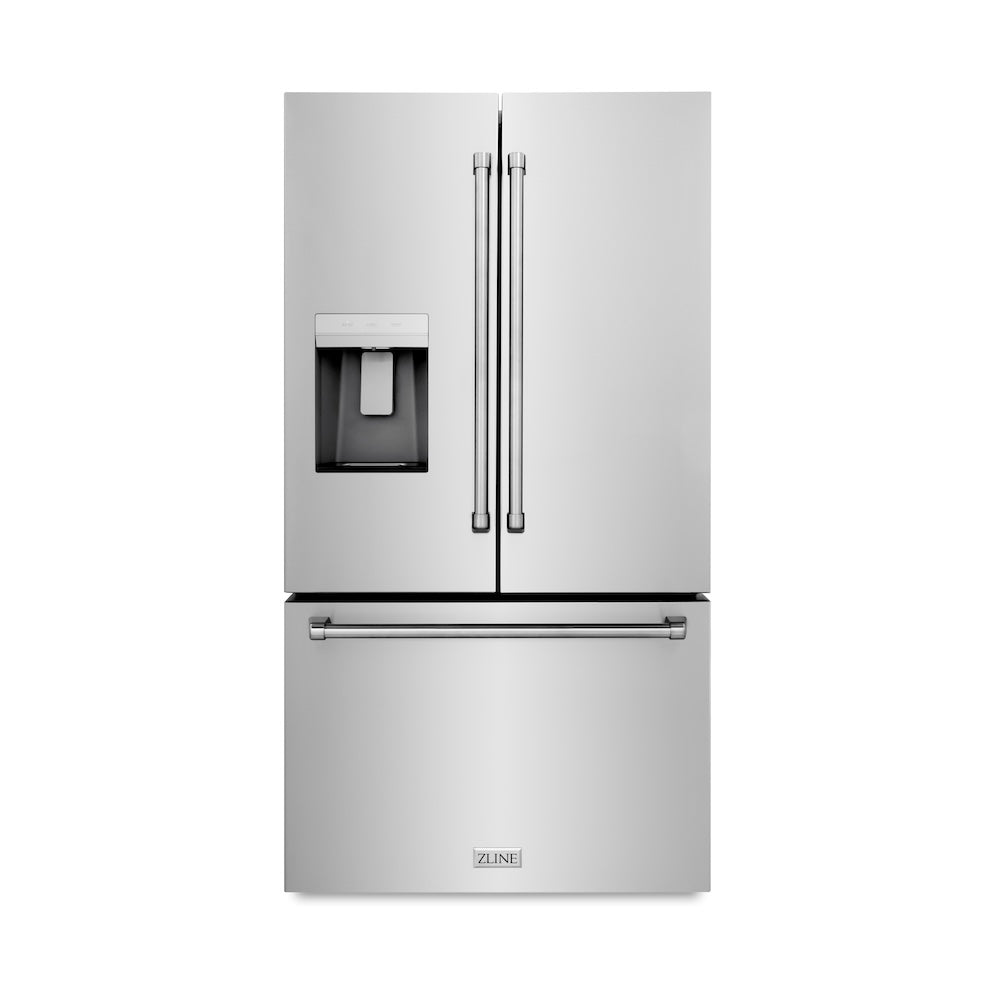 ZLINE 36 in. 28.9 cu. ft. Standard-Depth French Door External Water Dispenser Refrigerator with Dual Ice Maker in Fingerprint Resistant Stainless Steel (RSM-W-36) front, closed.
